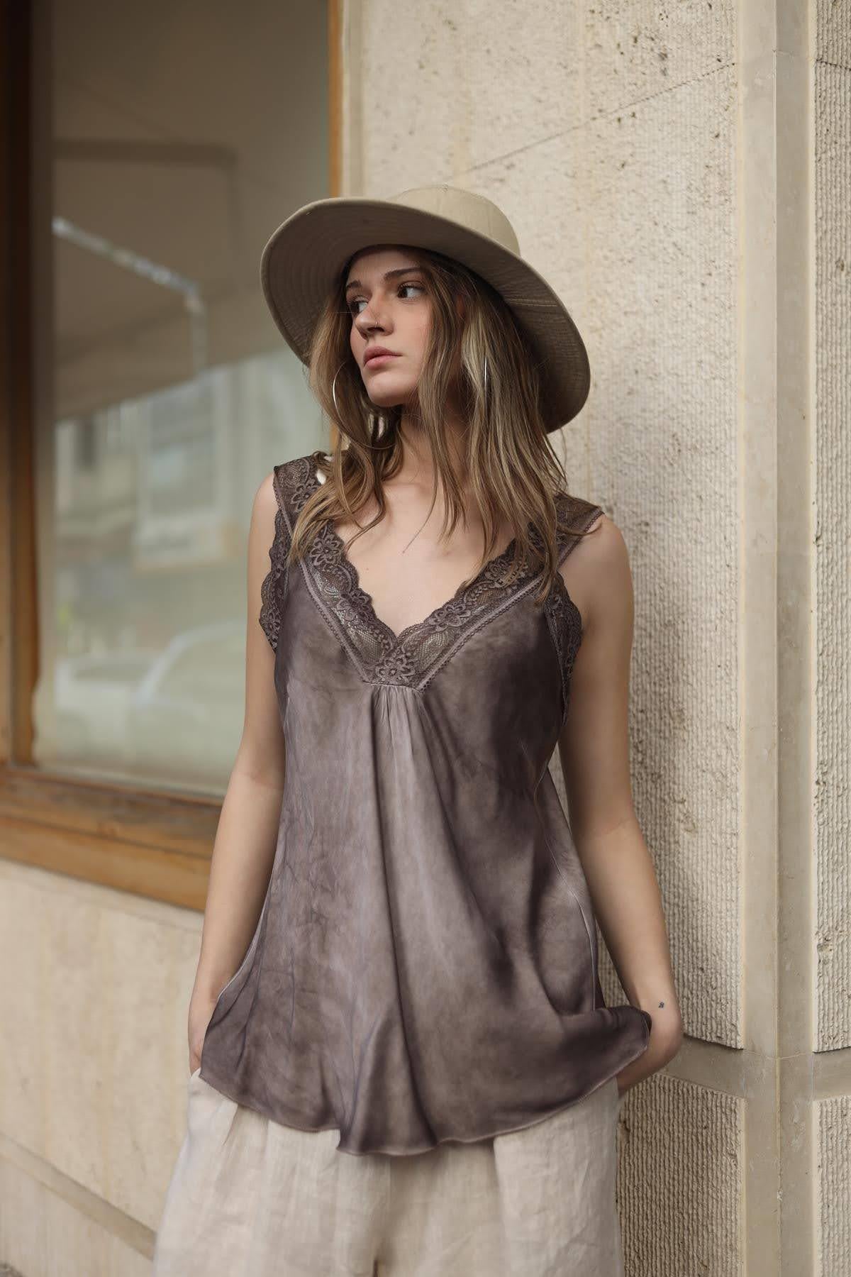 Brown Lace Embroidered Tank Top