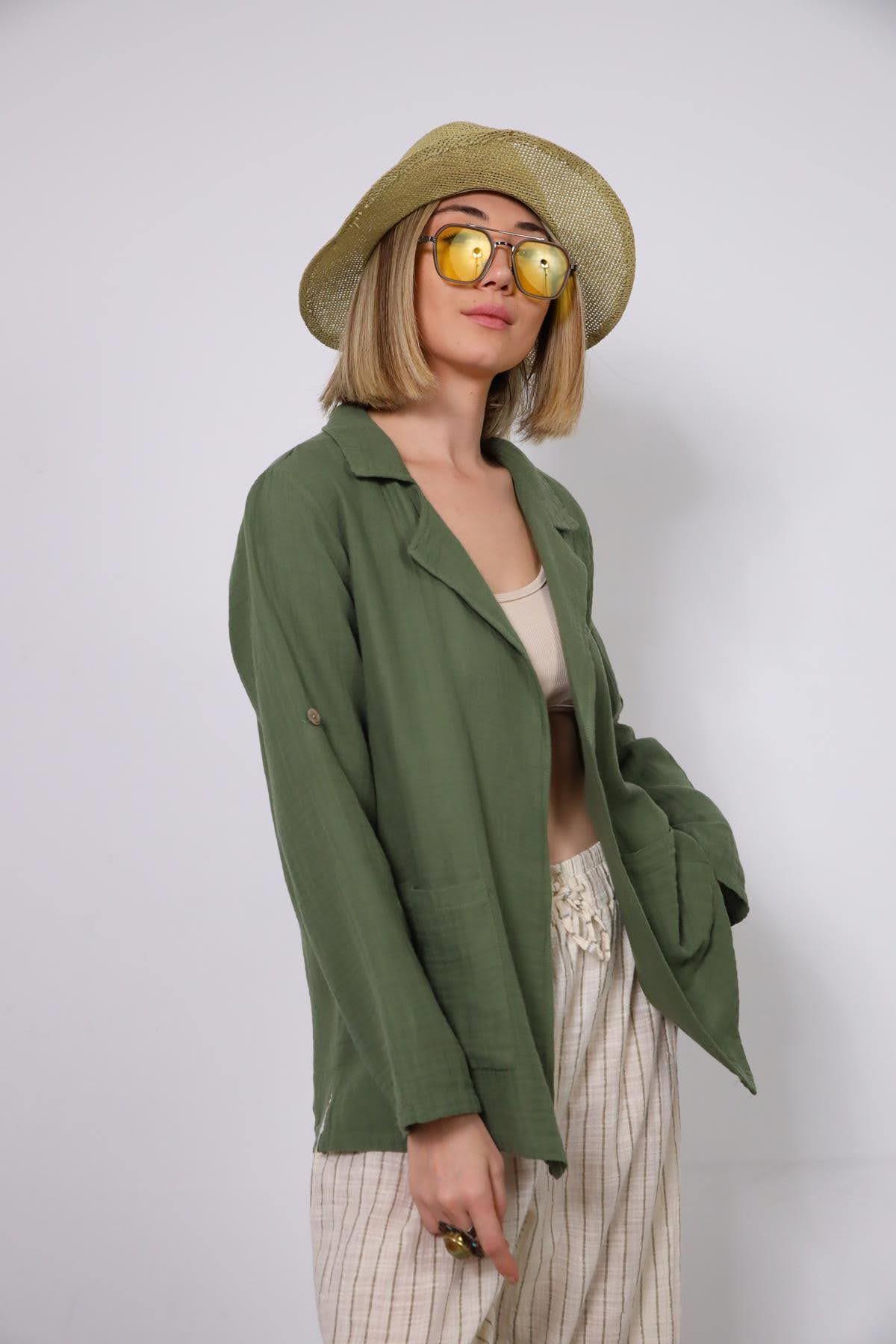 Haki Önü Cepli Müslin Blazer Ceket - Şaman Butik Haki Önü Cepli Müslin Blazer Ceket