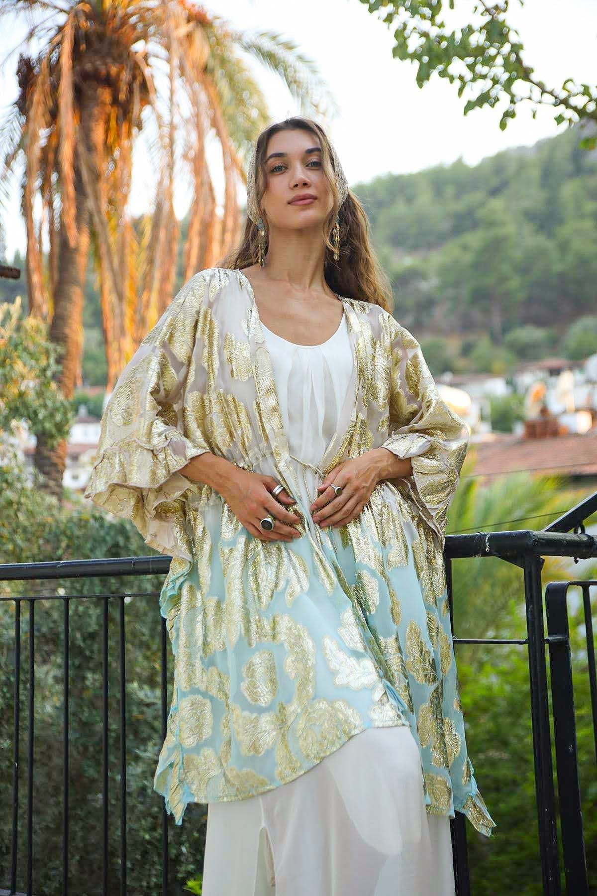 Bej Turkuaz Yaldızlı Kısa Kimono