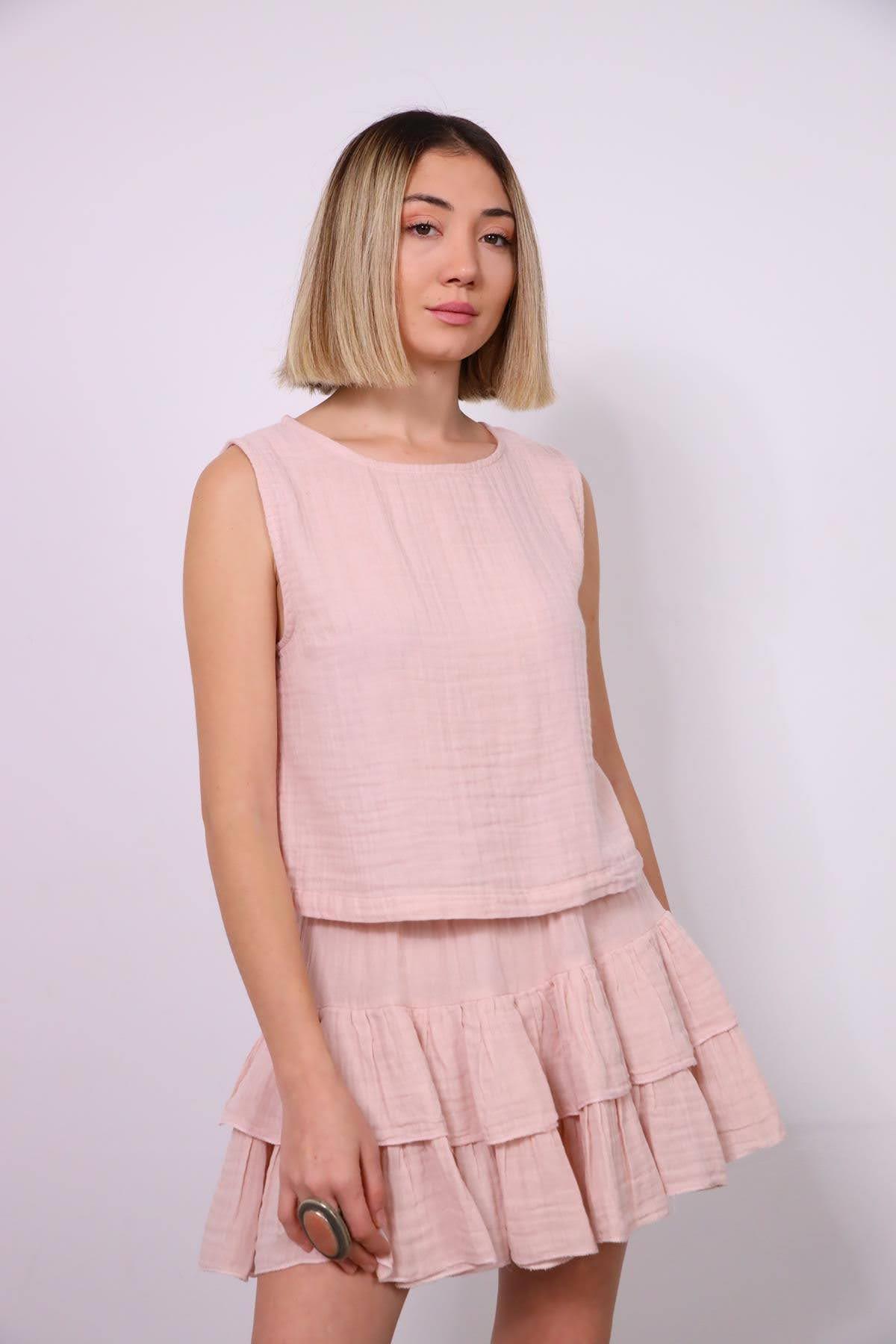 Pudra Pembe Kolsuz Crop Bluz - Şaman Butik Pudra Pembe Kolsuz Crop Bluz