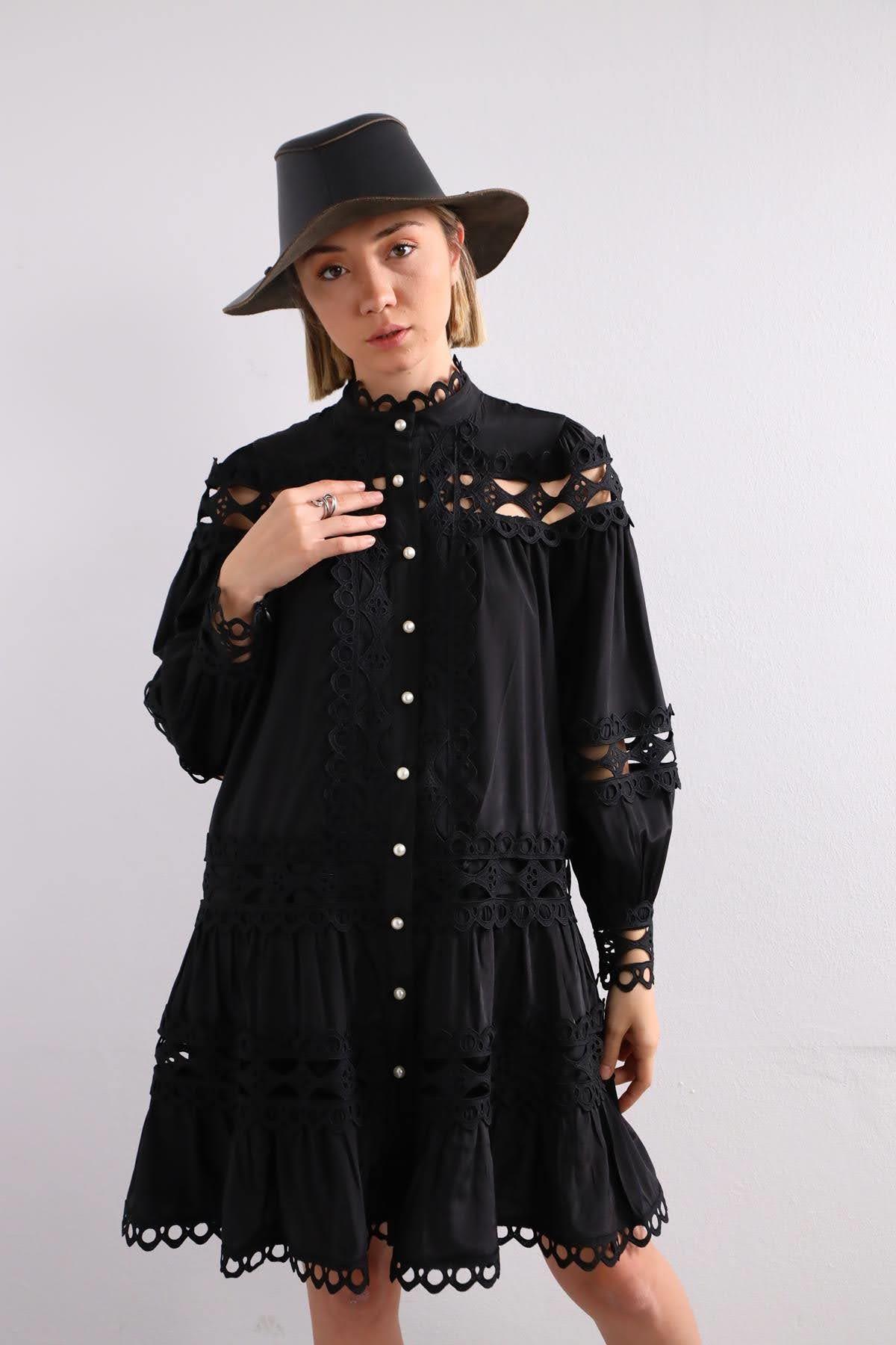 Siyah Güpürlü Kısa Bohem Elbise - Şaman Butik Siyah Güpürlü Kısa Bohem Elbise