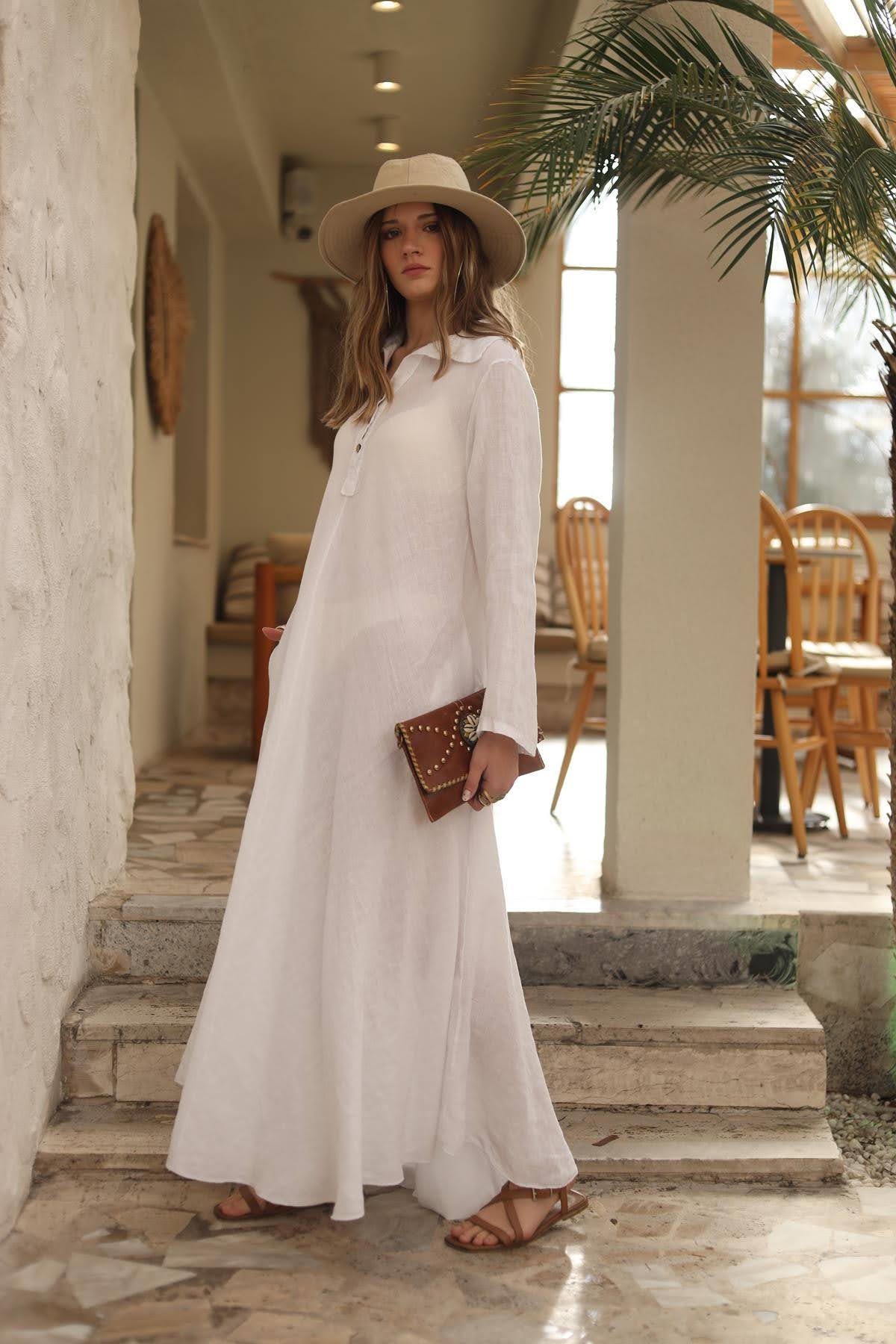 Beyaz Gömlek Yaka Keten Kloş Elbise