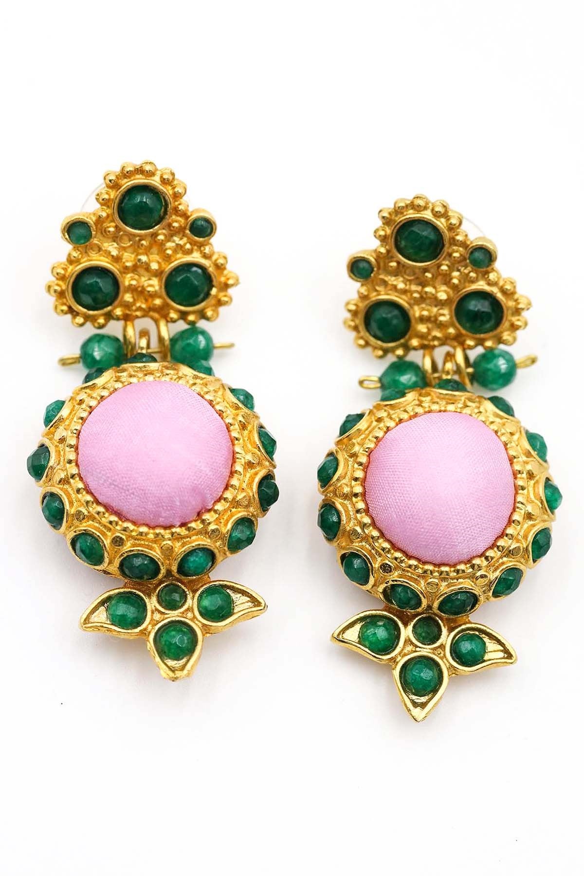 Altın Rengi Kaplama Pembe Kumaş ve Doğal Taşlı Tasarım Küpe
