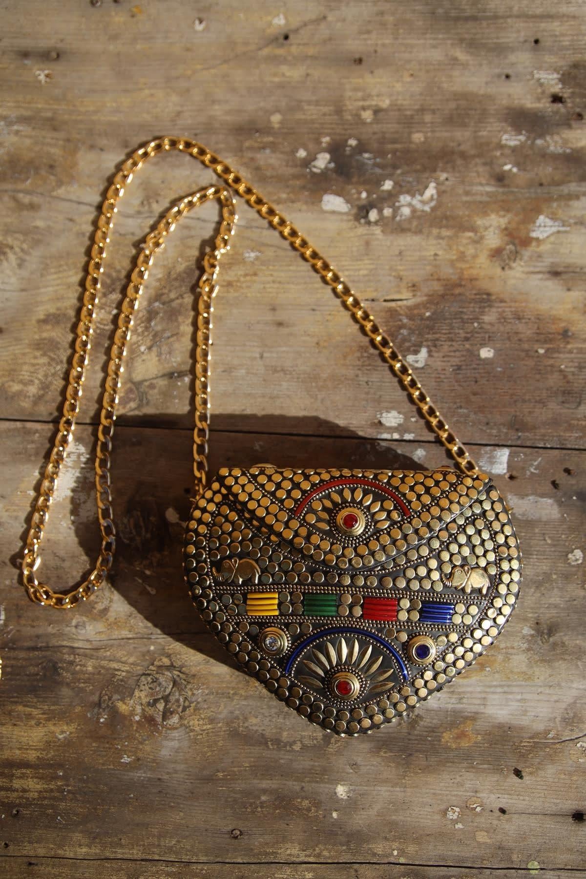 Gold Rengi Taşlı Özel Tasarım Çanta