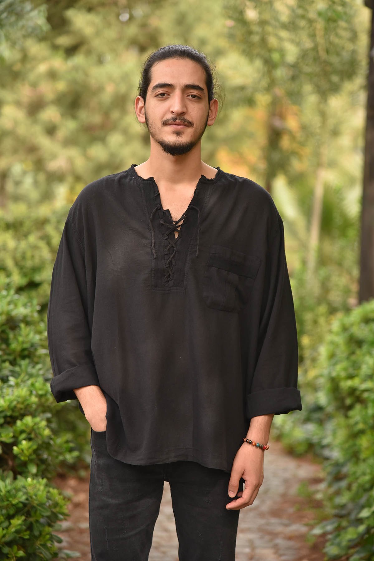 Black Collar Lace Up Bohemian Shirt - Şaman Butik | Boho Fashion