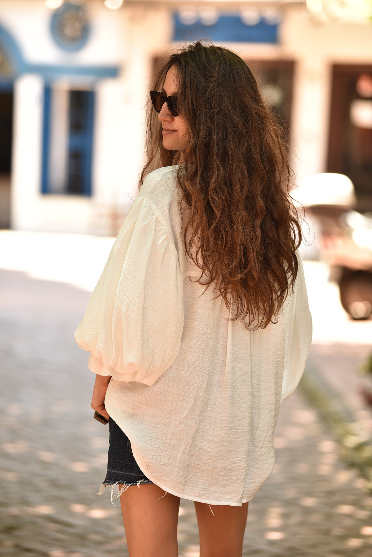 White Puff Sleeve Mandarin Collar Shirt - Şaman Butik | Shop Online
