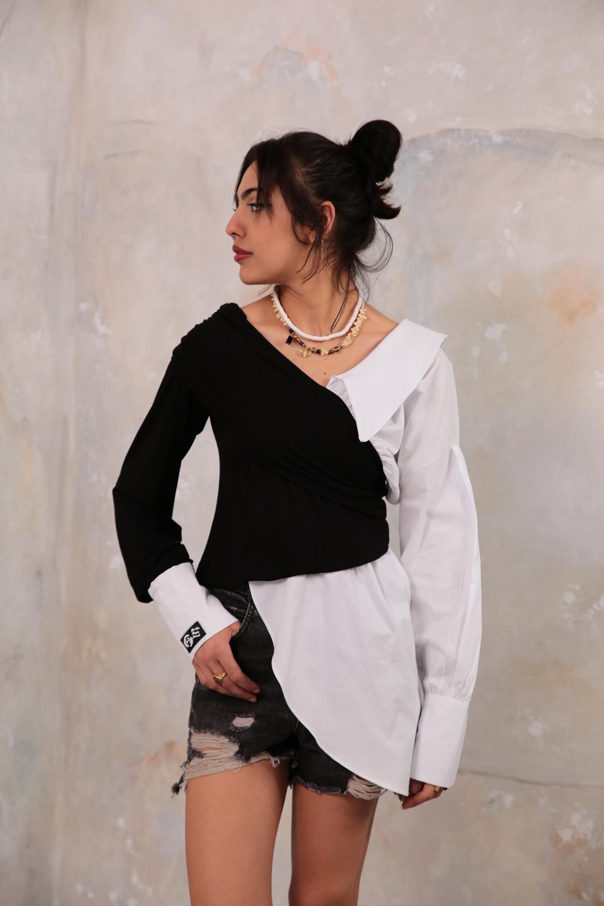Beyaz Siyah Asimetrik Kesim Tarz Gömlek - Şaman Butik - Bohem Giyim ve  Aksesuar | Kadın & Erkek