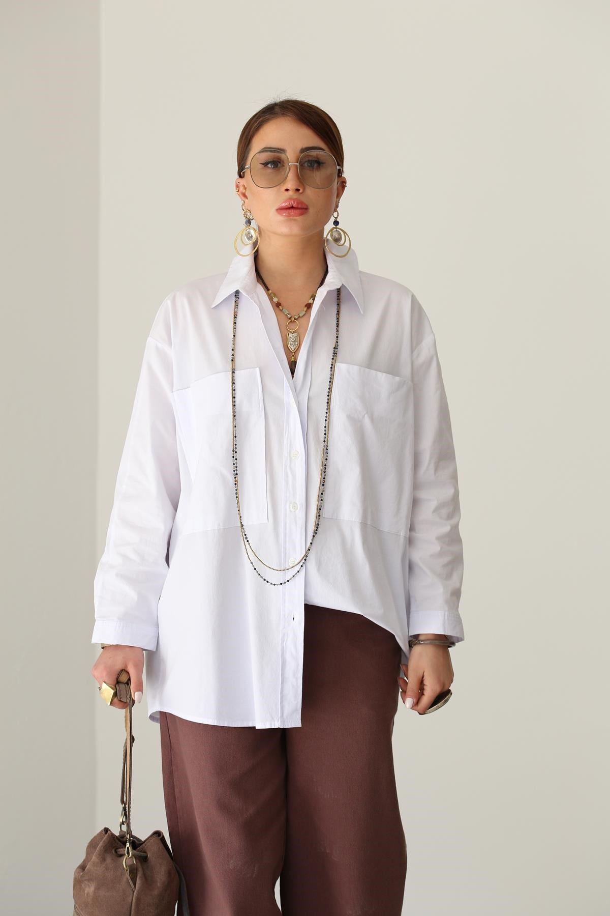 Beyaz Torba Cepli Gömlek - Şaman Butik Beyaz Torba Cepli Gömlek