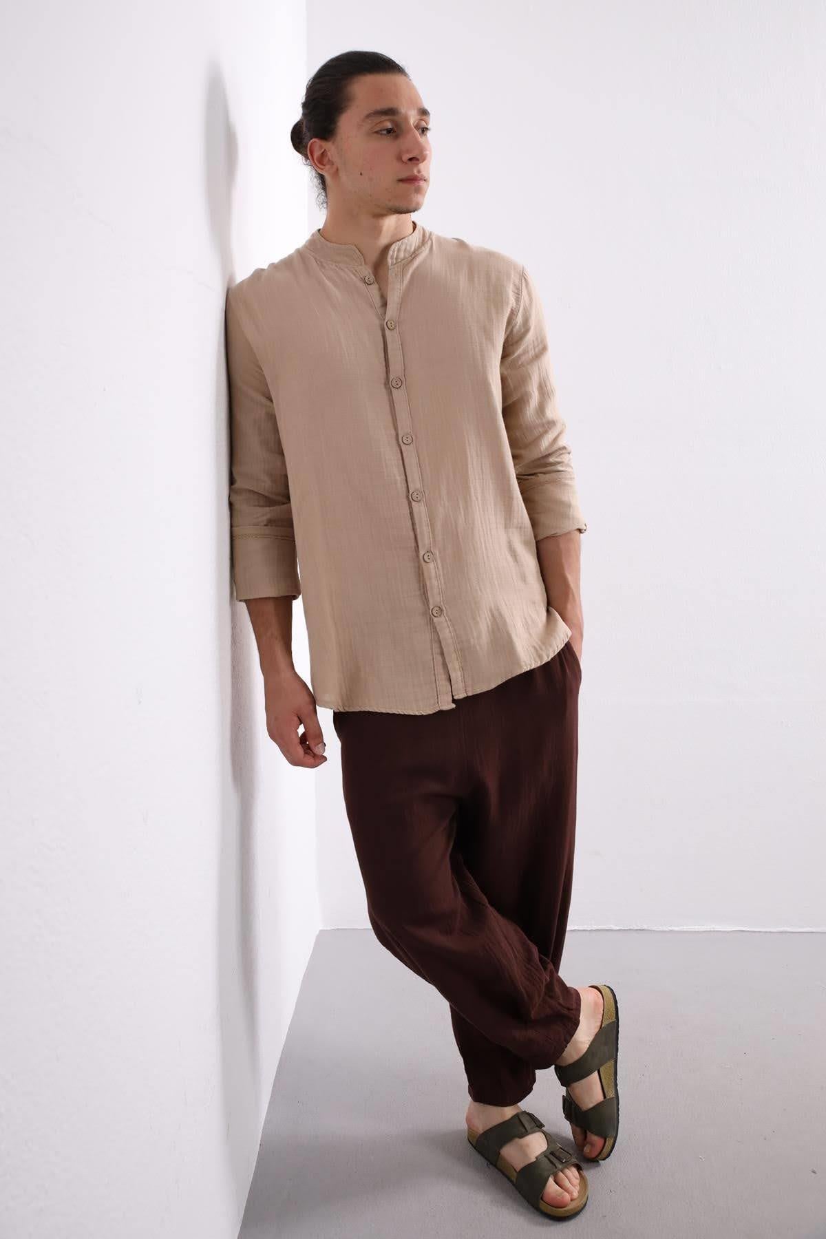 Camel Rengi Hakim Yaka Pamuklu Gömlek - Şaman Butik Camel Rengi Hakim Yaka Pamuklu Gömlek
