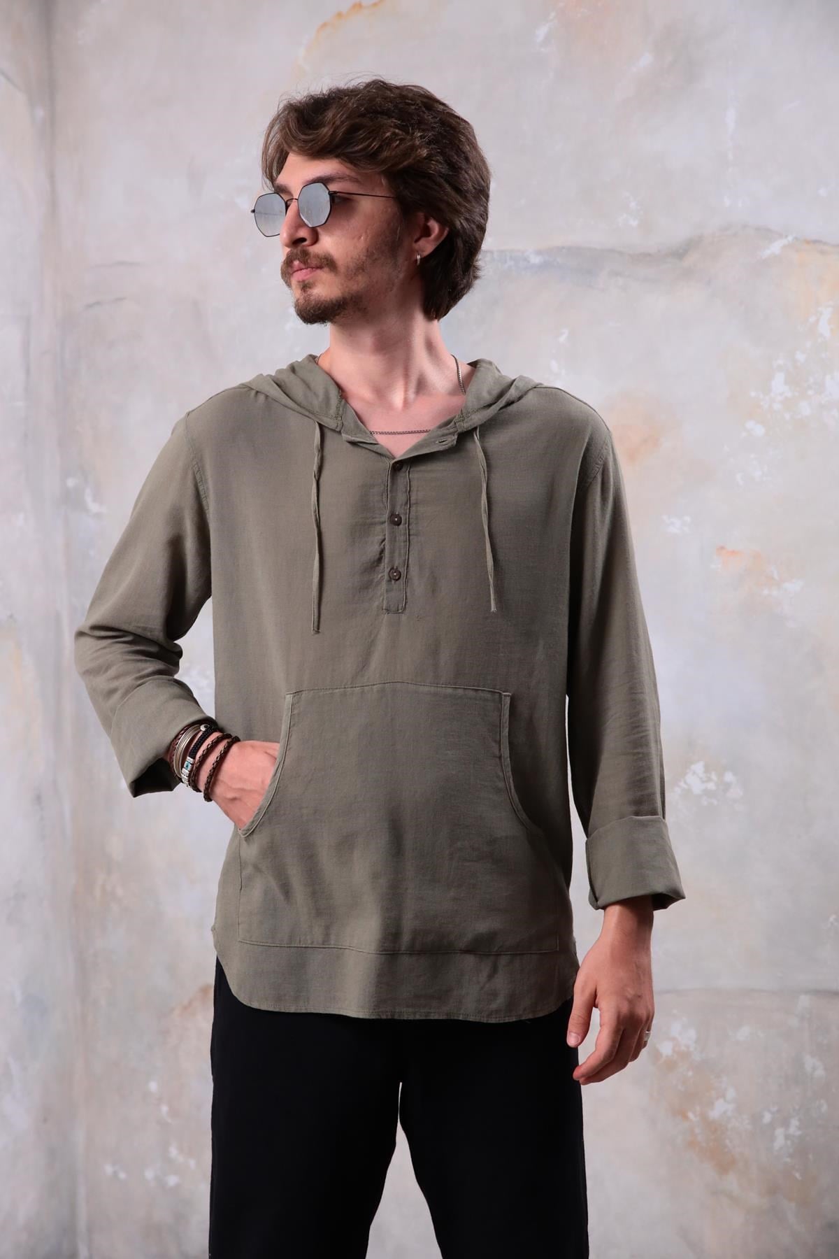  Haki Kanguru Cepli Kapüşonlu Gömlek