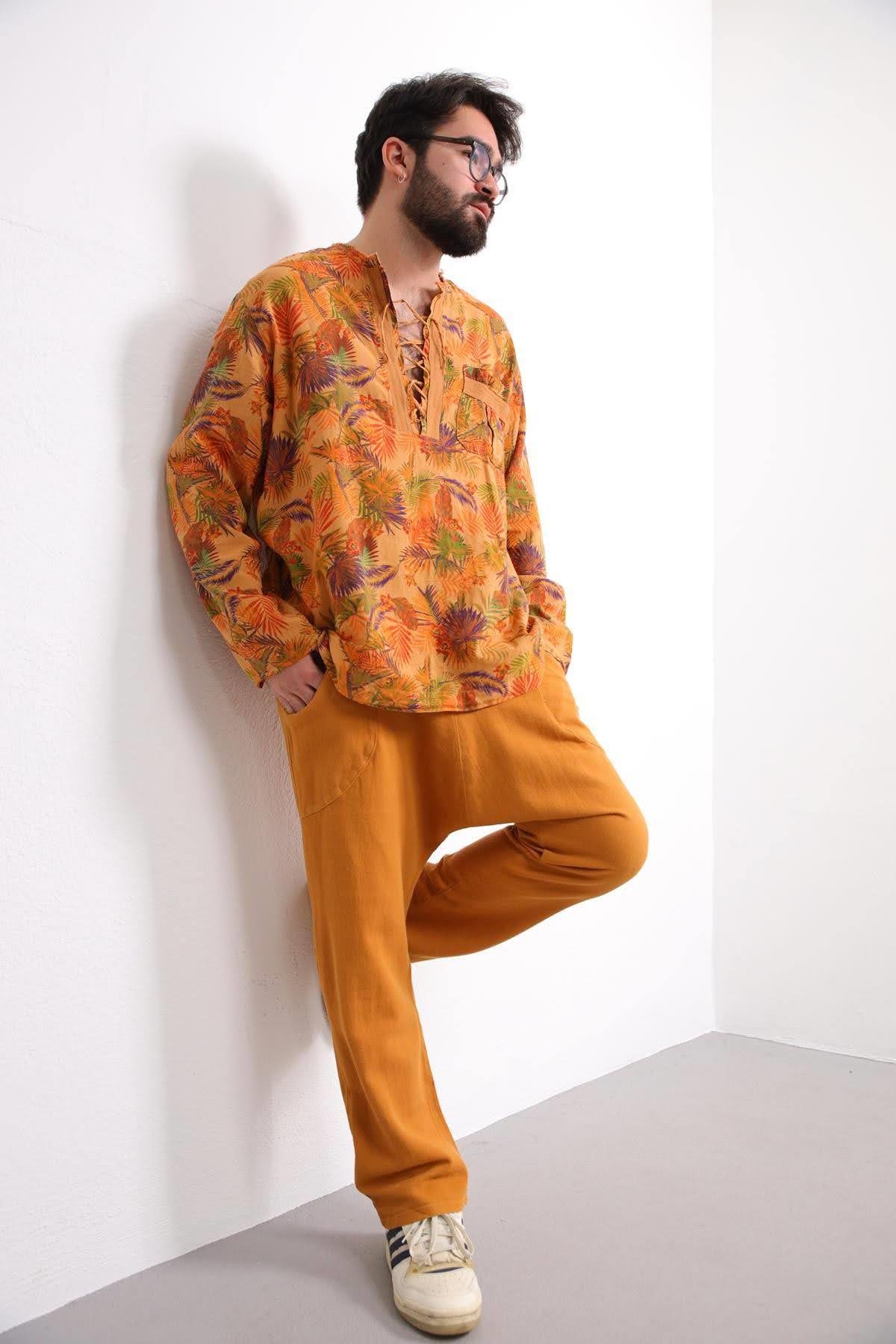 Saman Butik | Shop Online Mustard Patterned Bohemian Men's Shirt with Lace-Up Collar