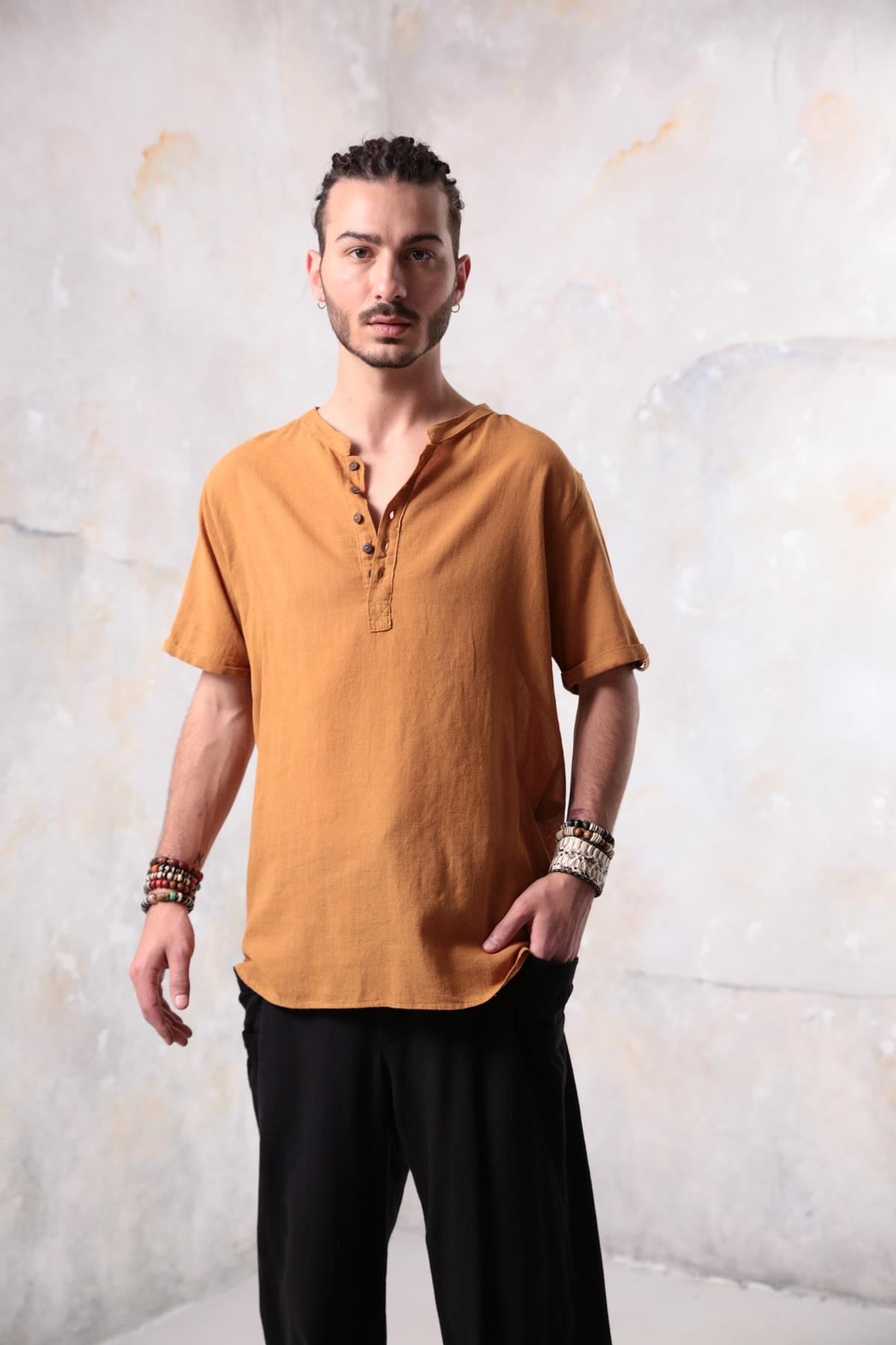  Mustard Buttoned Short Sleeve Men's Shirt - Şaman Butik | Boho Fashion  Mustard Buttoned Short Sleeve Men's Shirt