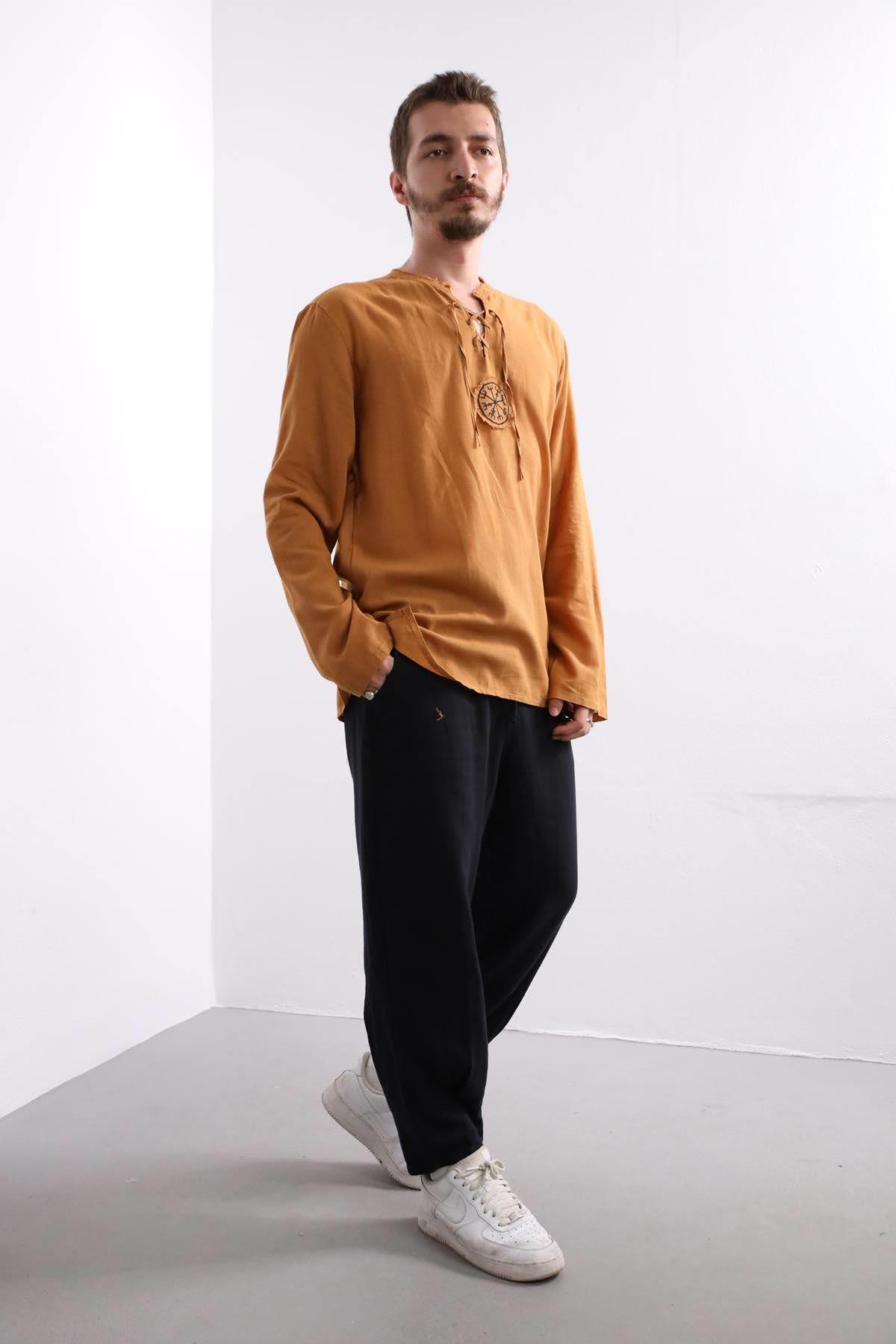 Mustard Mandala Pattern Men's Shirt - Saman Butik | Shop Online Mustard Mandala Pattern Men's Shirt