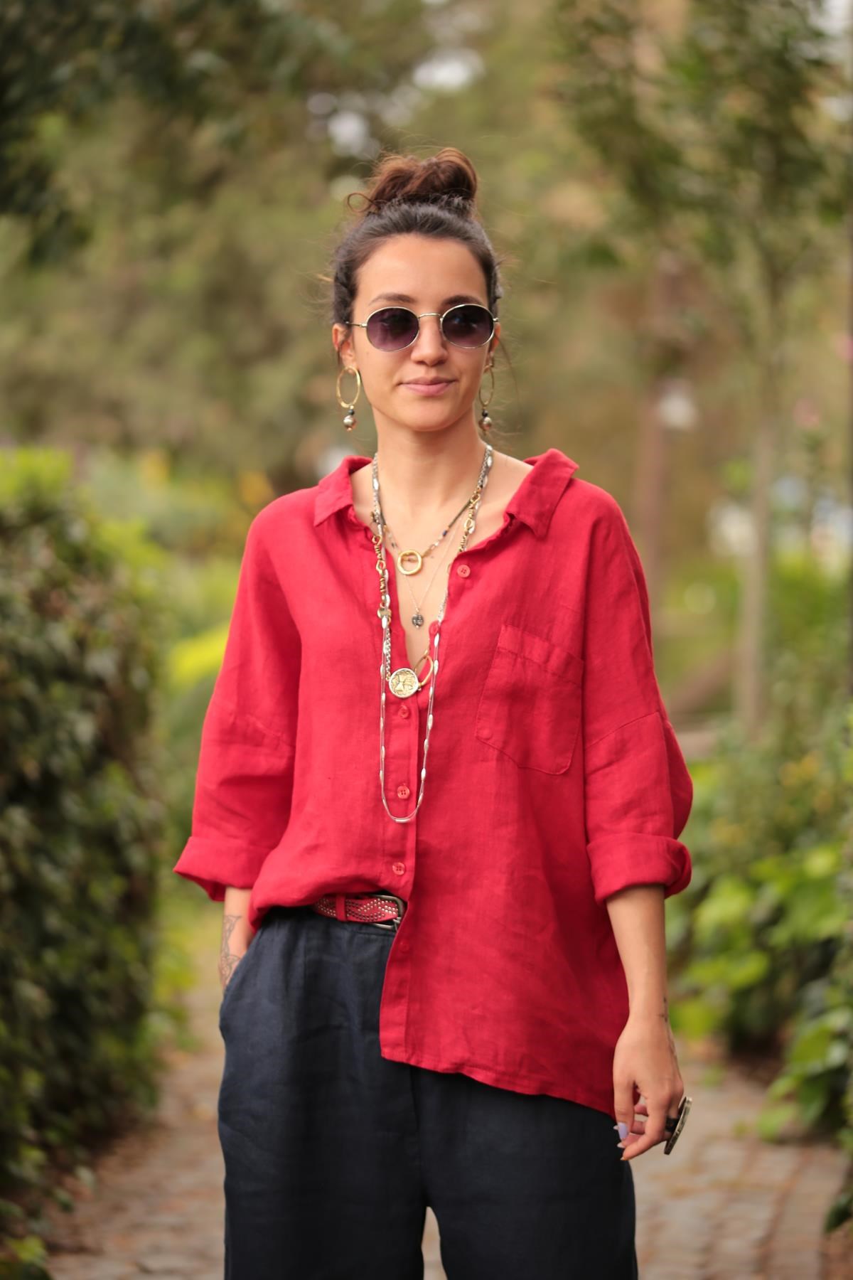 Kırmızı Arkası Halkalı Keten Gömlek - Şaman Butik - Bohem Giyim ve Aksesuar  | Kadın & Erkek