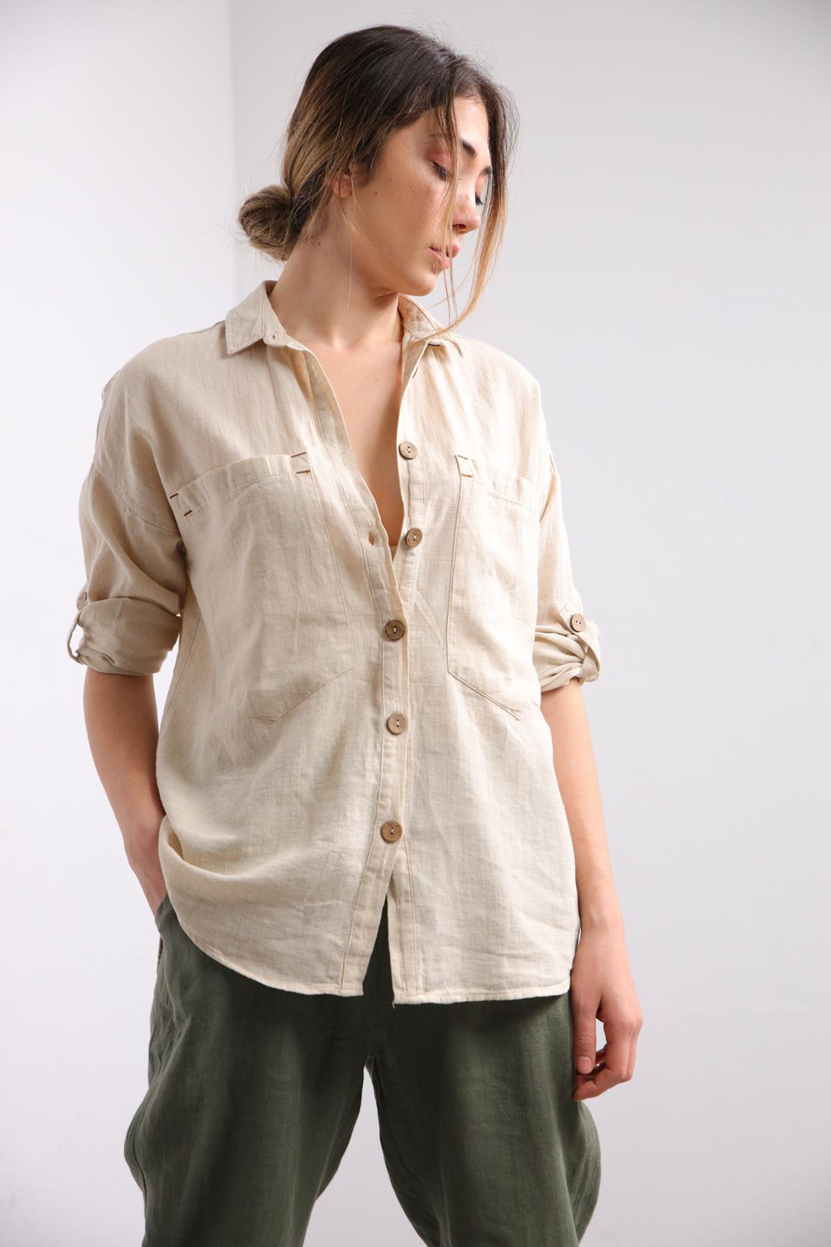  Krem Rengi Büyük Cepli Gömlek