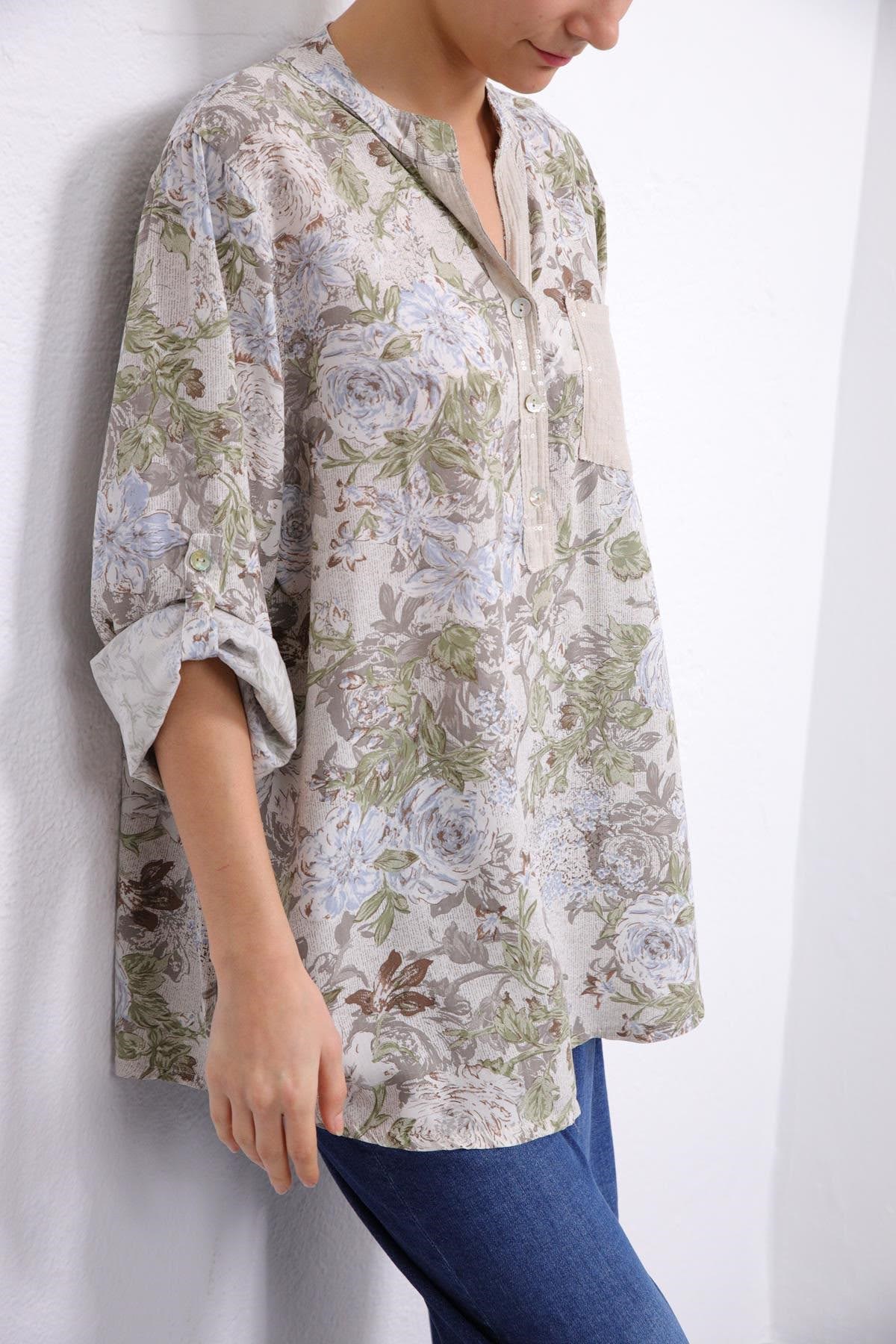  Krem Rengi Çiçek Desenli Pul Detaylı Gömlek