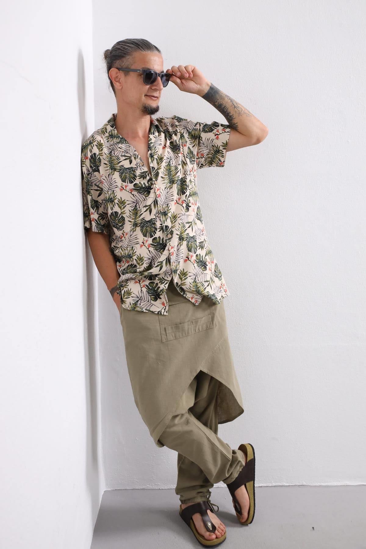 Cream Leaf Patterned Short Sleeve Shirt - Şaman Butik | Boho Fashion Cream Leaf Patterned Short Sleeve Shirt