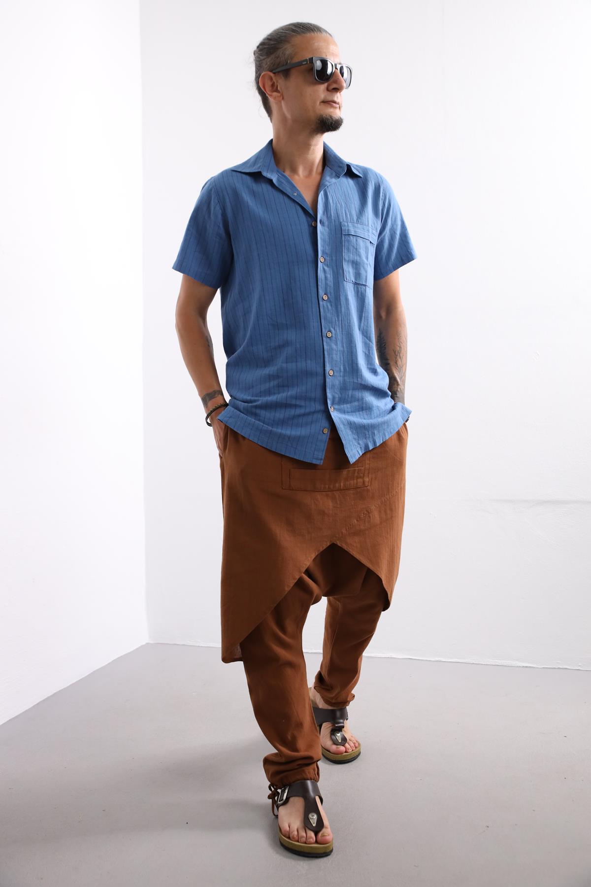  Mavi Rahat Kesim Çizgili Erkek Gömlek