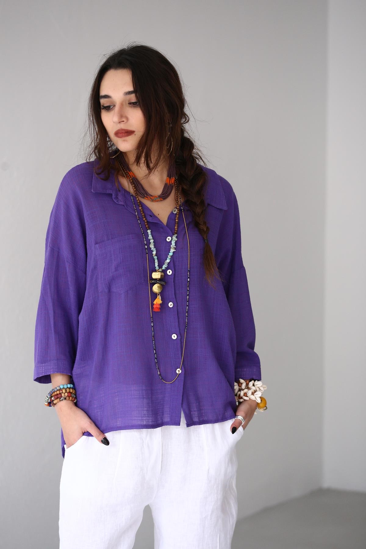 Mor Arkası Halkalı Gömlek - Şaman Butik Mor Arkası Halkalı Gömlek