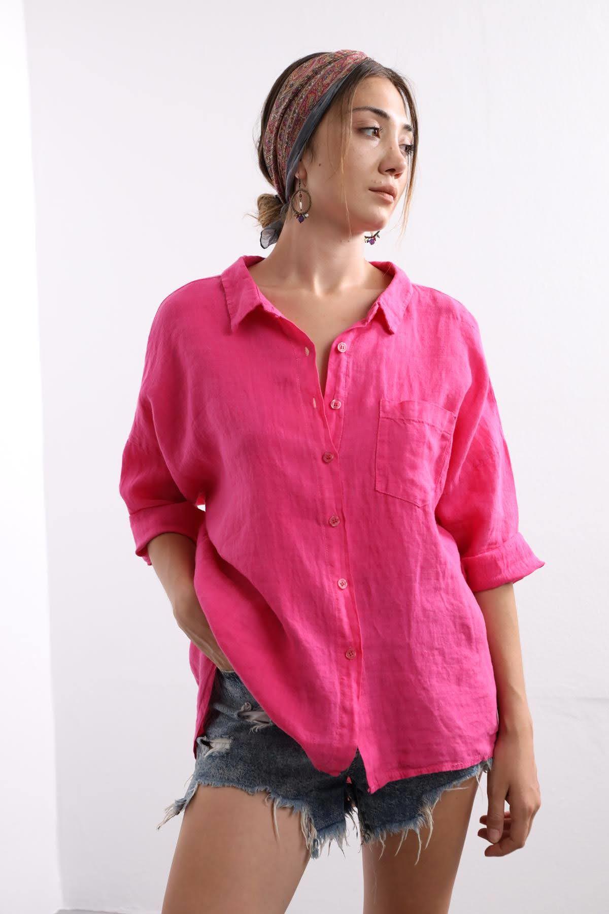 Pembe Arkası Halkalı Keten Gömlek - Şaman Butik - Bohem Giyim ve Aksesuar | Kadın & Erkek Pembe Arkası Halkalı Keten Gömlek
