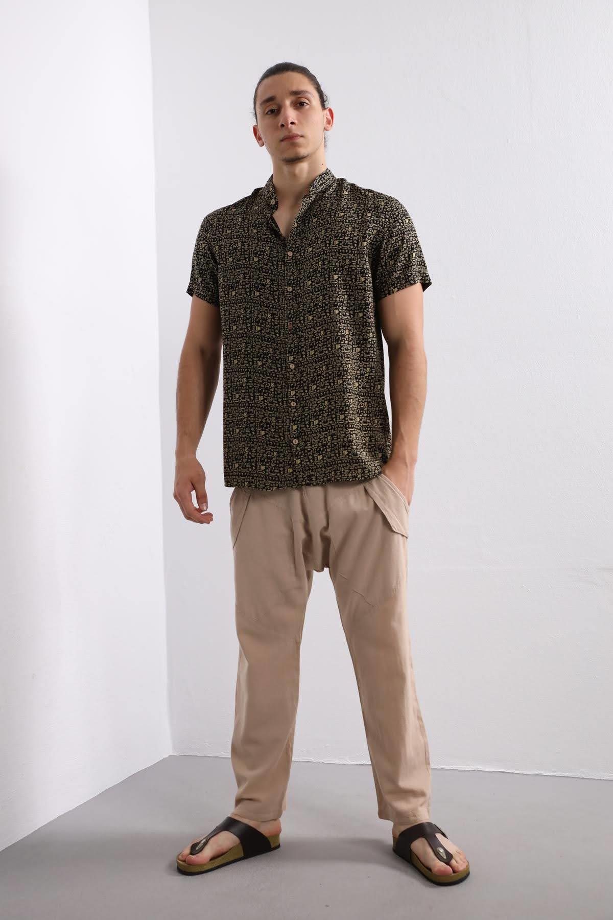  Siyah Hakim Yaka Etnik Desen Rahat Kesim Erkek Gömlek