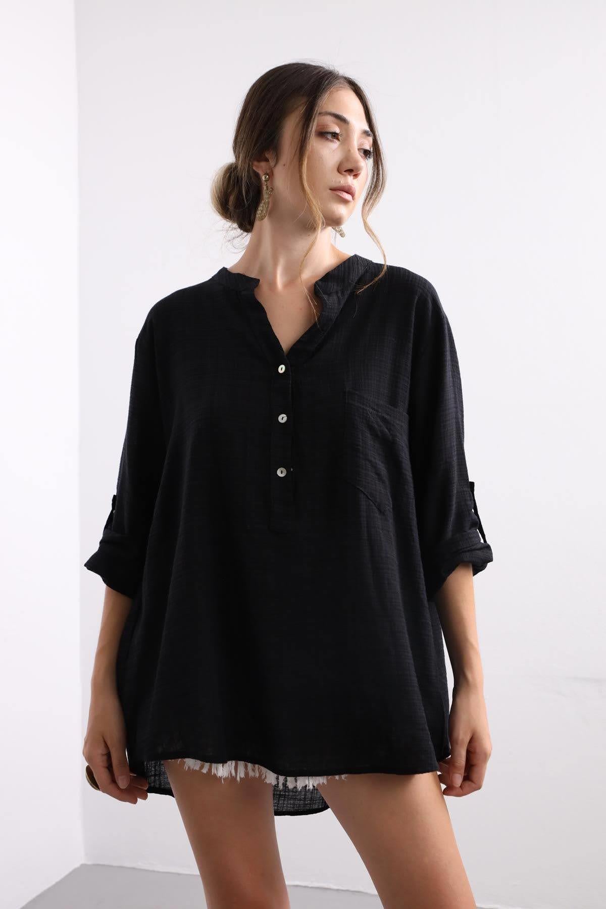 Siyah Hakim Yaka Üç Düğmeli Gömlek - Şaman Butik - Bohem Giyim ve Aksesuar | Kadın & Erkek Siyah Hakim Yaka Üç Düğmeli Gömlek