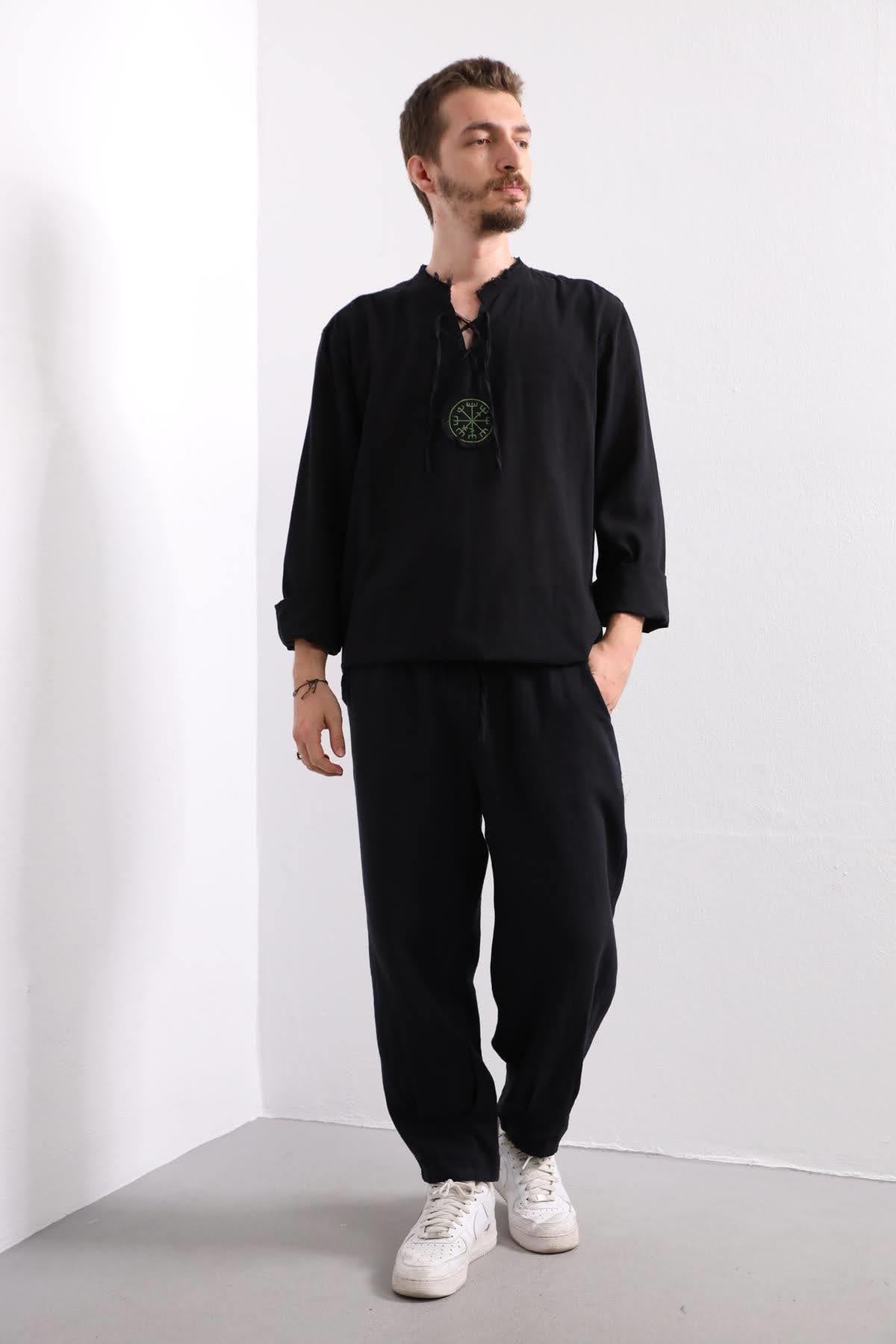 Siyah Mandala Desen Erkek Gömlek - Şaman Butik - Bohem Giyim ve Aksesuar | Kadın & Erkek Siyah Mandala Desen Erkek Gömlek