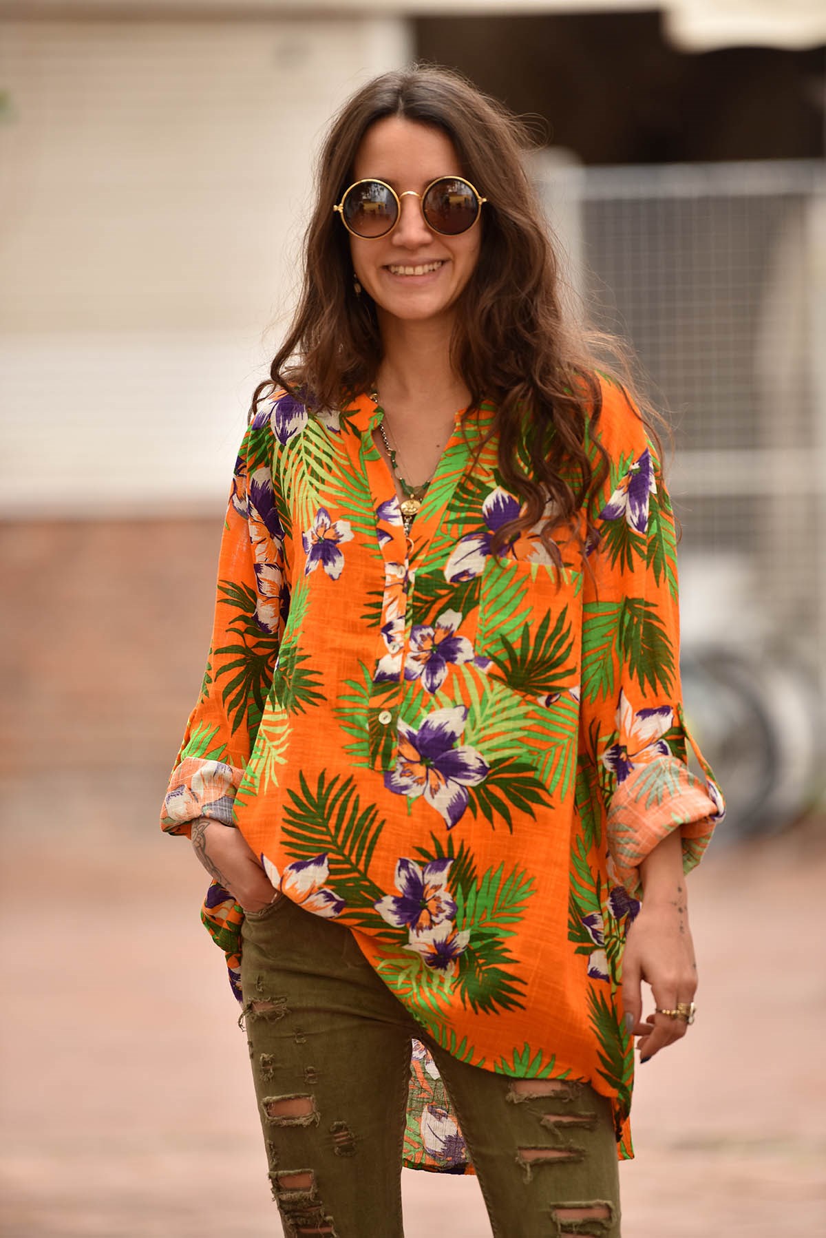Turuncu Palmiye Desenli Yarım Düğmeli Gömlek - Şaman Butik - Bohem Giyim ve  Aksesuar | Kadın & Erkek