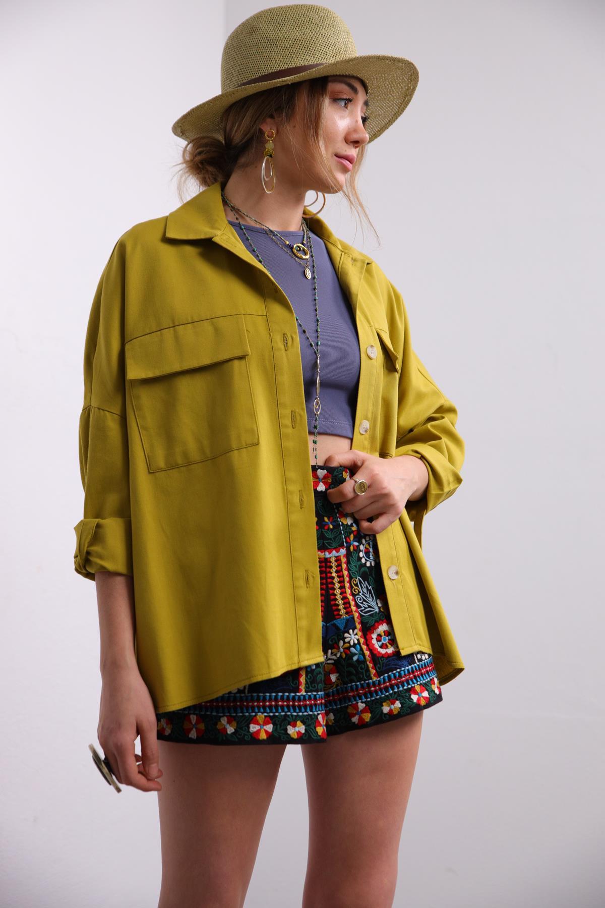  Yağ Yeşili Çift Cepli Gömlek