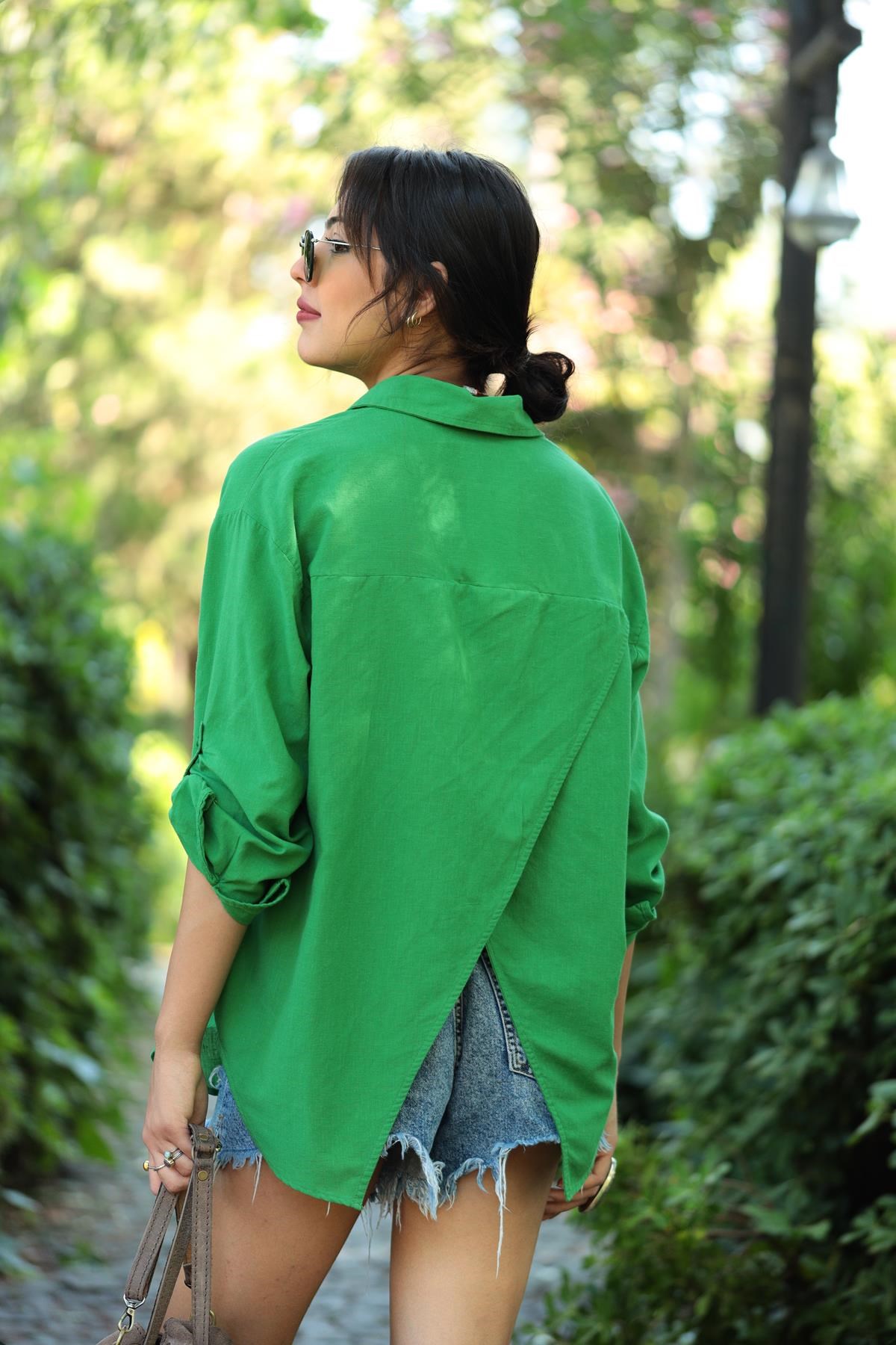 Yeşil Büyük Cepli Sırtı Açık Gömlek - Şaman Butik - Bohem Giyim ve Aksesuar  | Kadın & Erkek