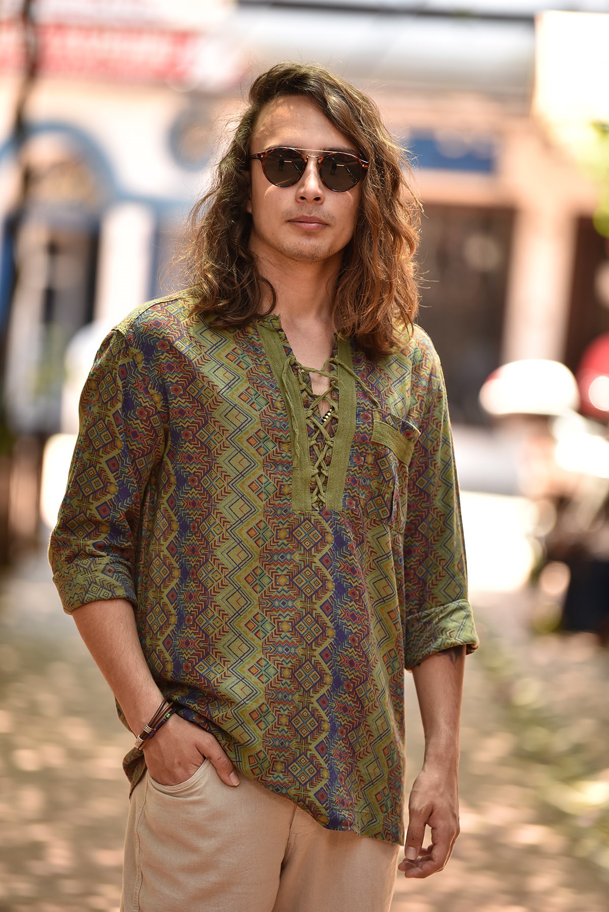 Green Lace Up Collar Patterned Bohemian Men's Shirt - Şaman Butik | Boho  Fashion