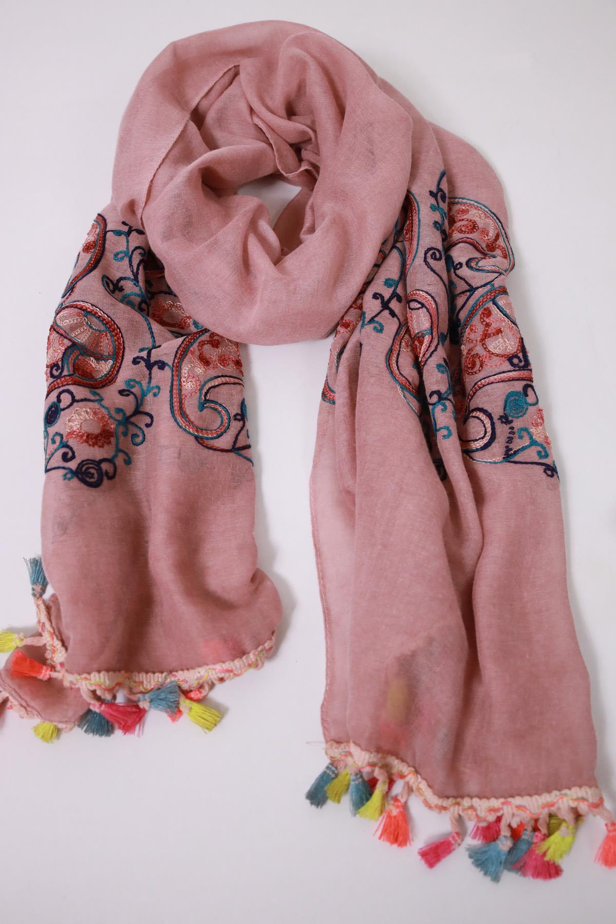 Gül Kurusu İşlemeli Püsküllü Şal