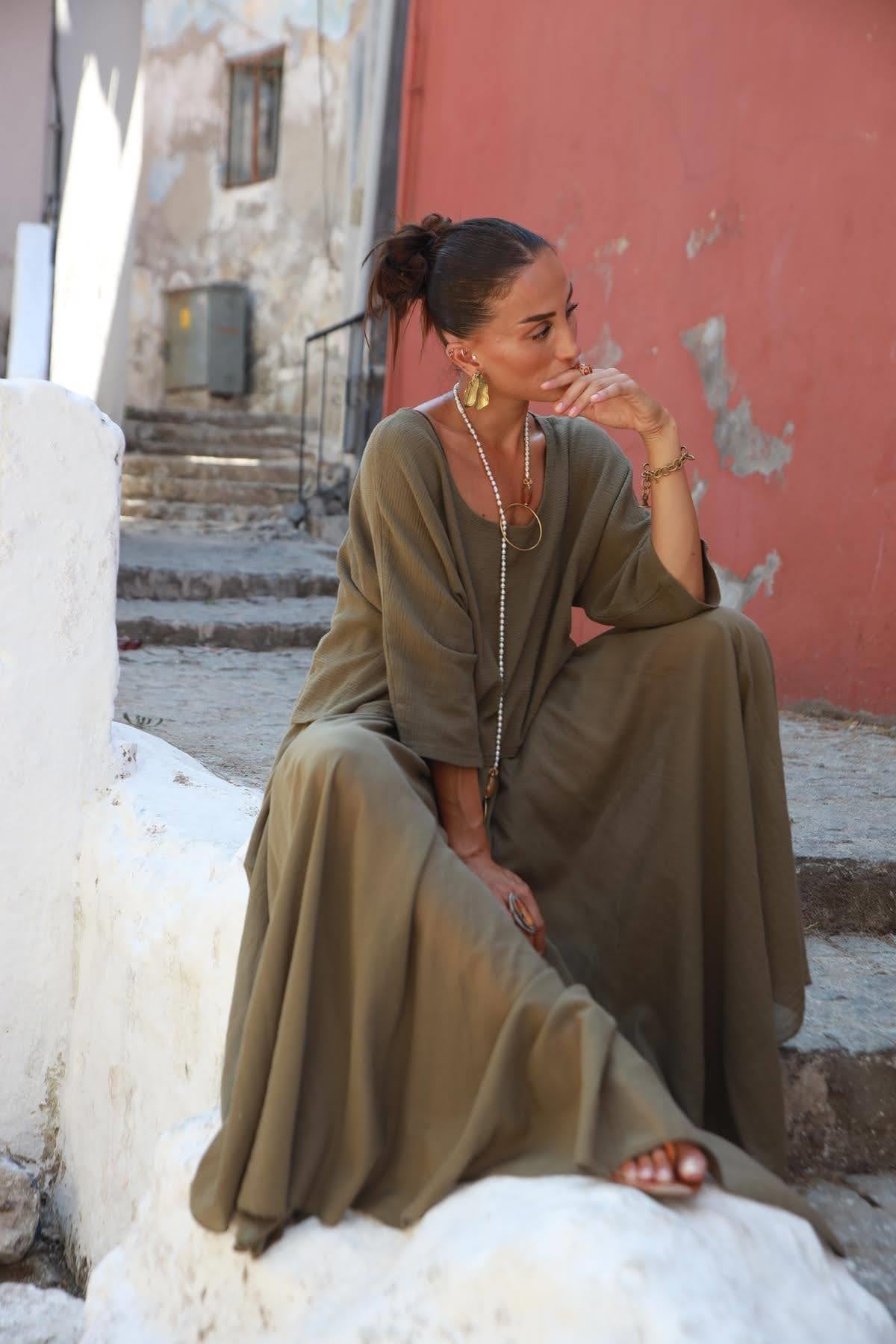 Haki Askılı Bluz Detaylı Elbise