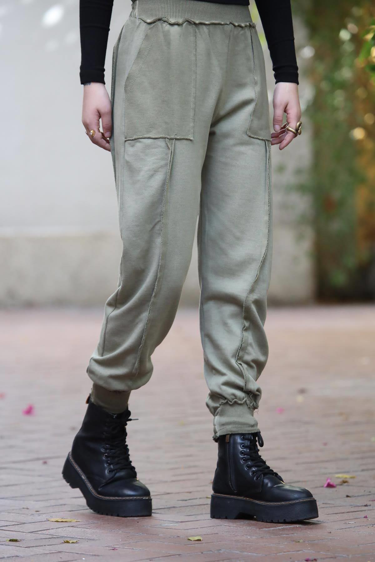 Haki Beli ve Paçası Ribanalı Dikişli Pantolon