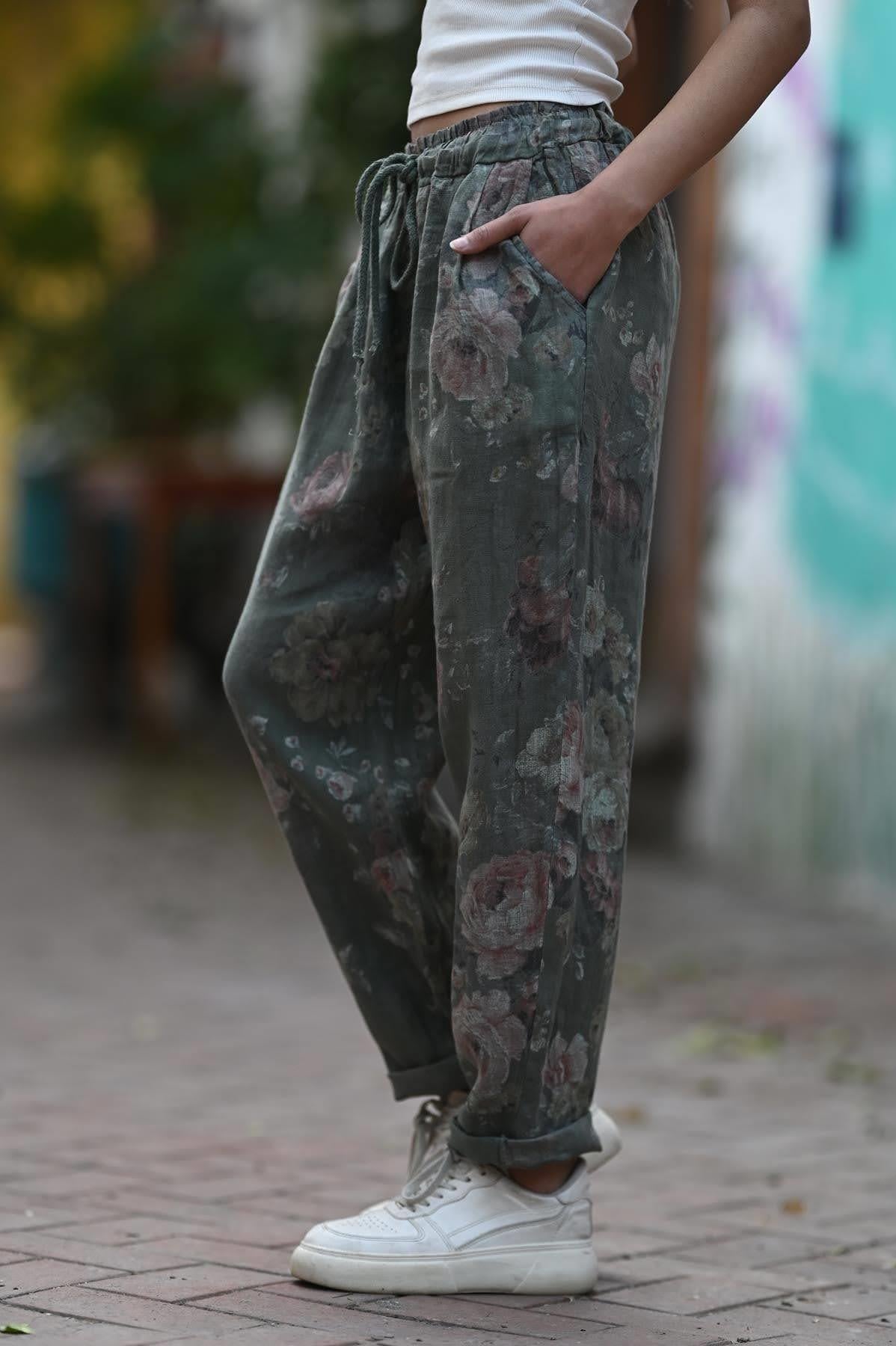 Haki Desenli Beli İpli Keten Pantolon