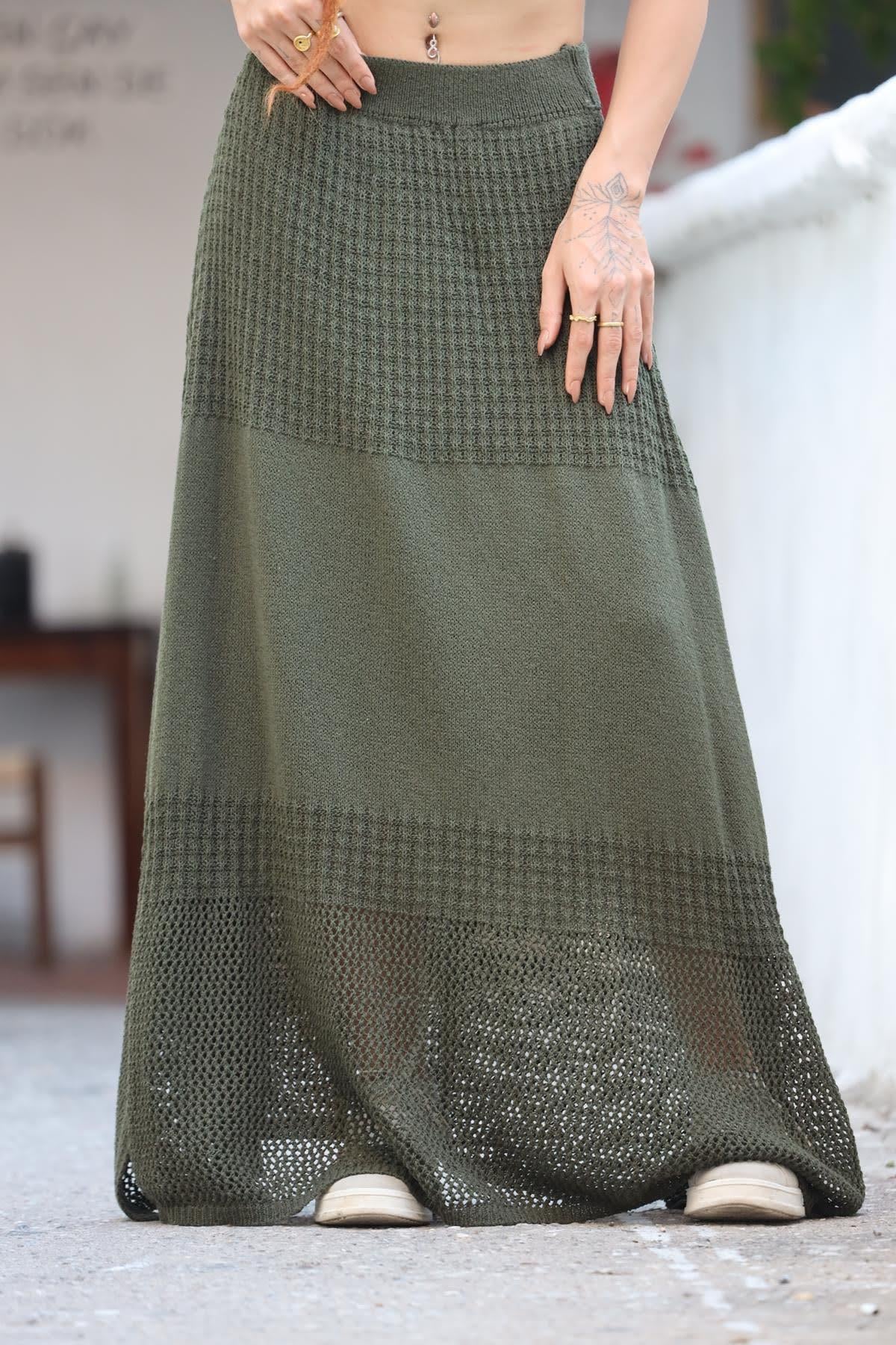 Haki File Detay Yırtmaçlı Örme Etek