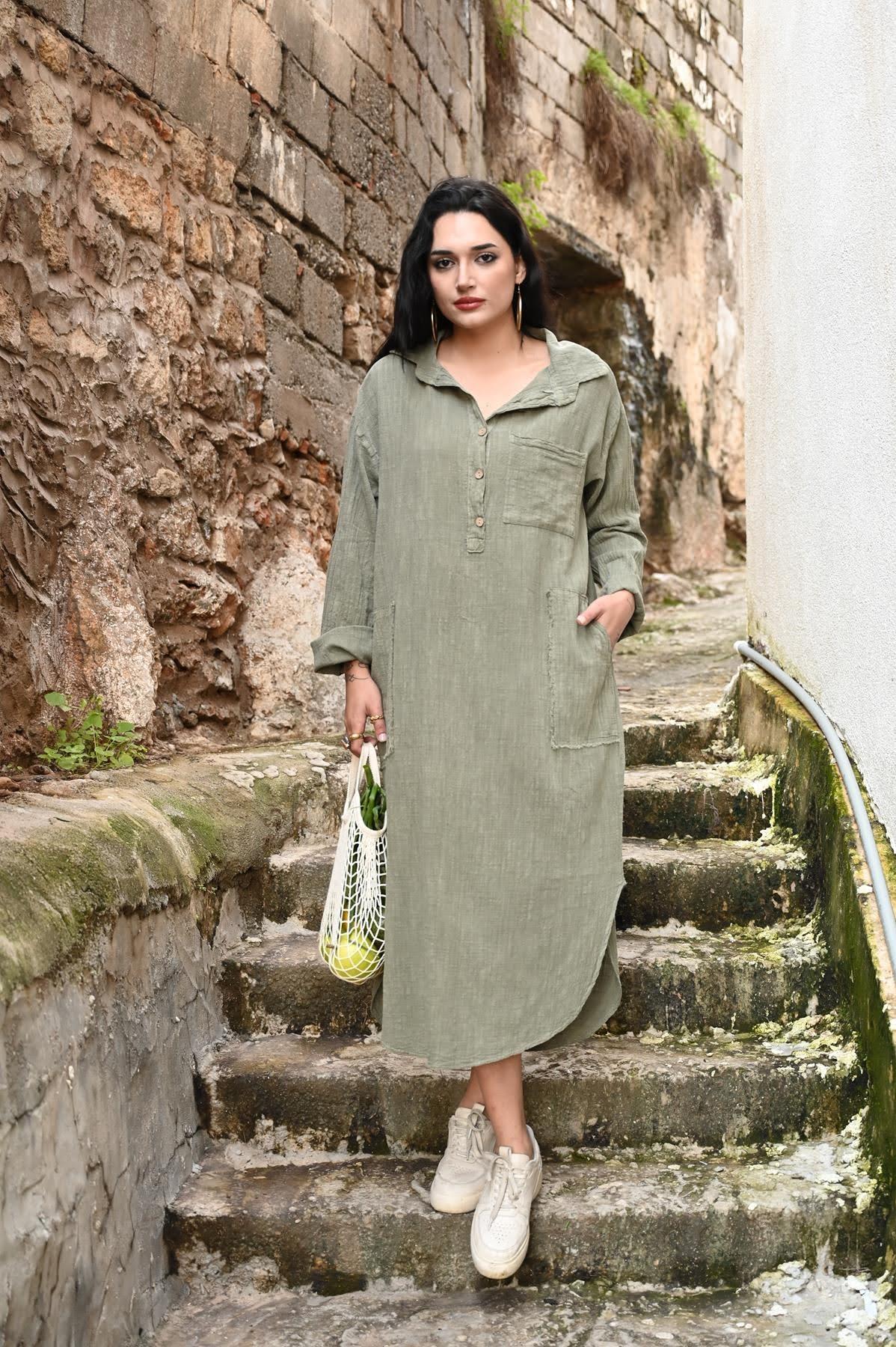 Haki Gömlek Yaka Dikiş Detaylı Cepli Elbise