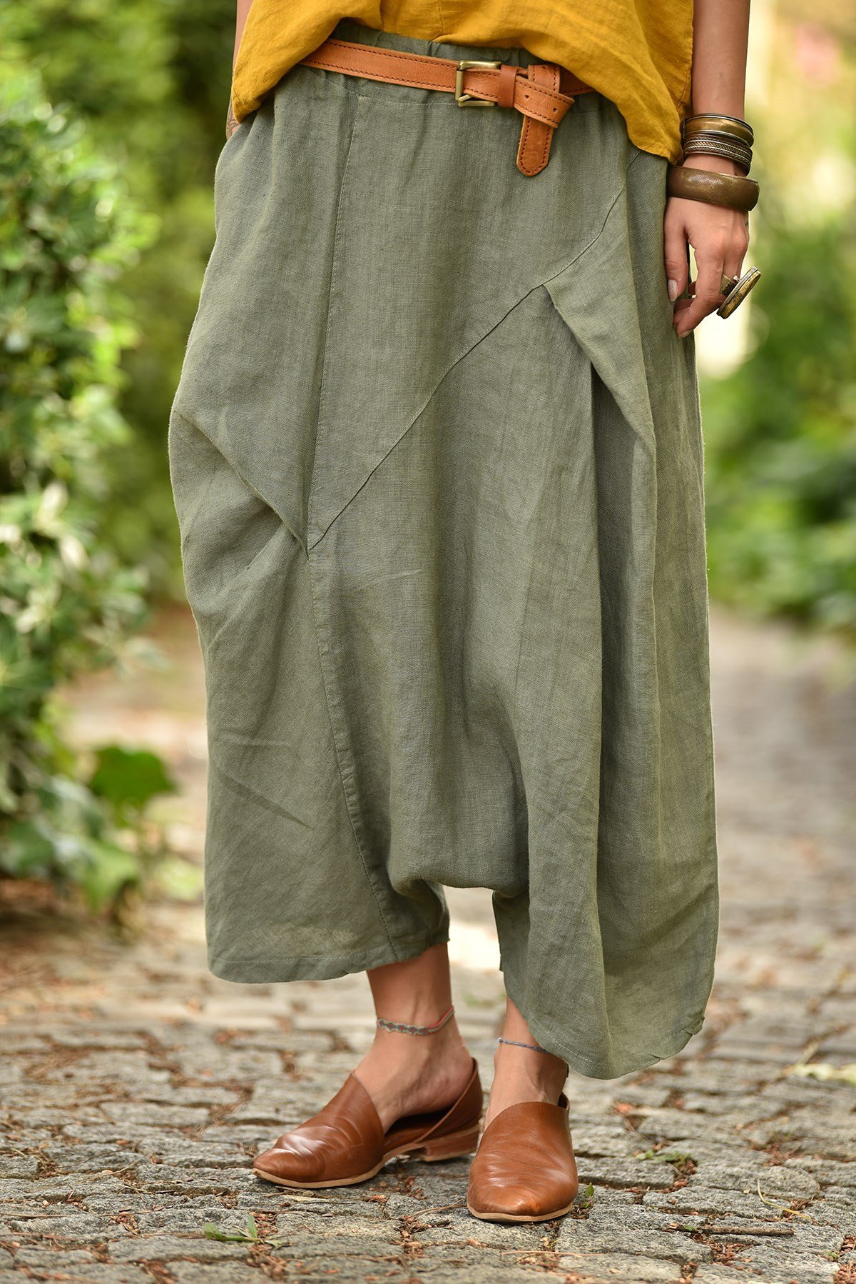 Haki Önü Dikişli Keten Şalvar