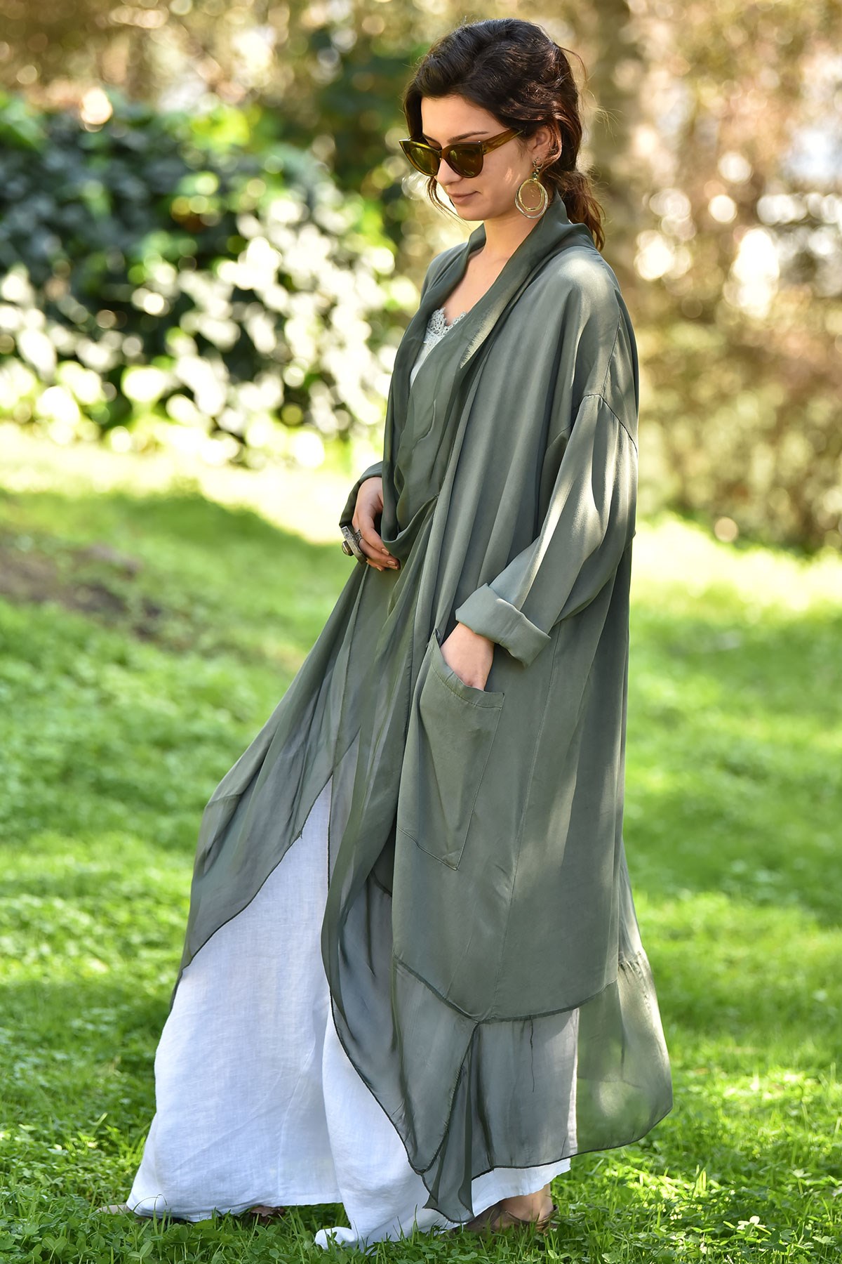 Haki İpek Yaka Judith Tunik · 2
