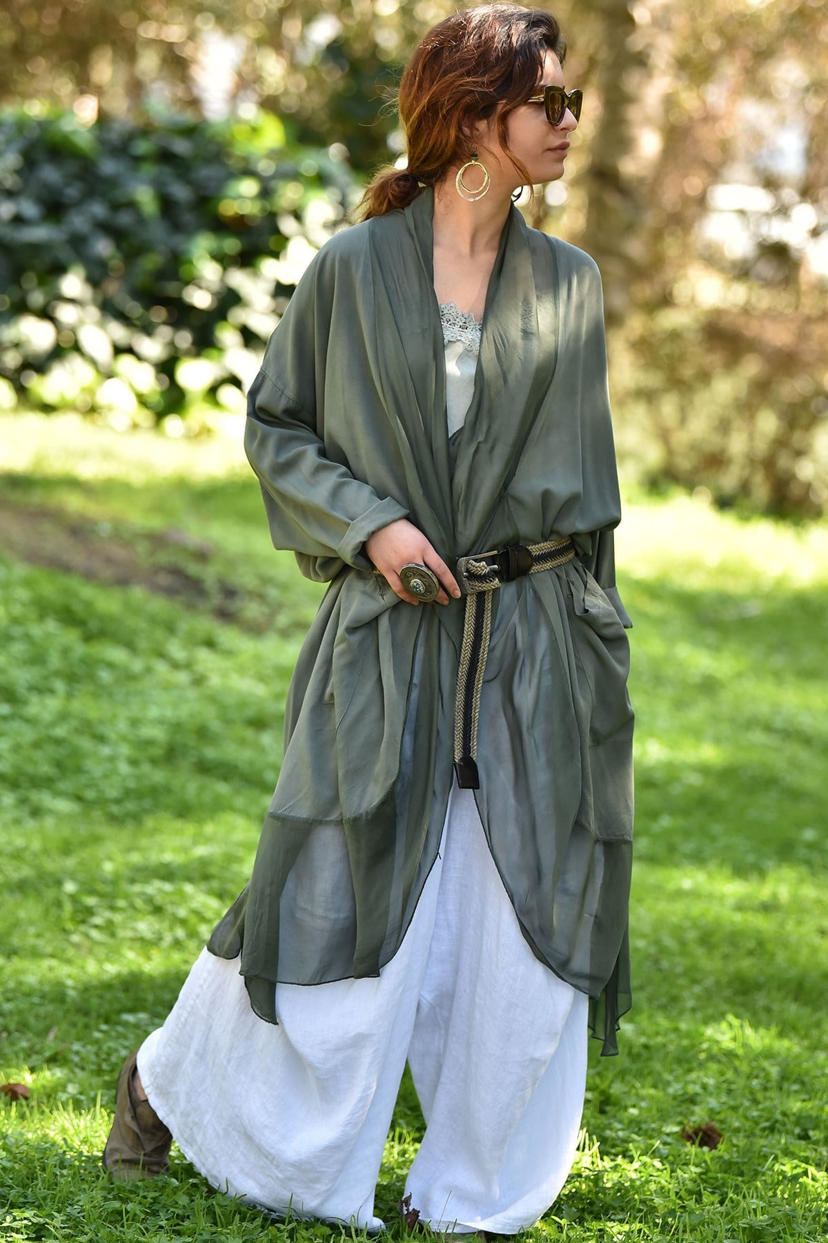 Haki Önü İpek Tunik