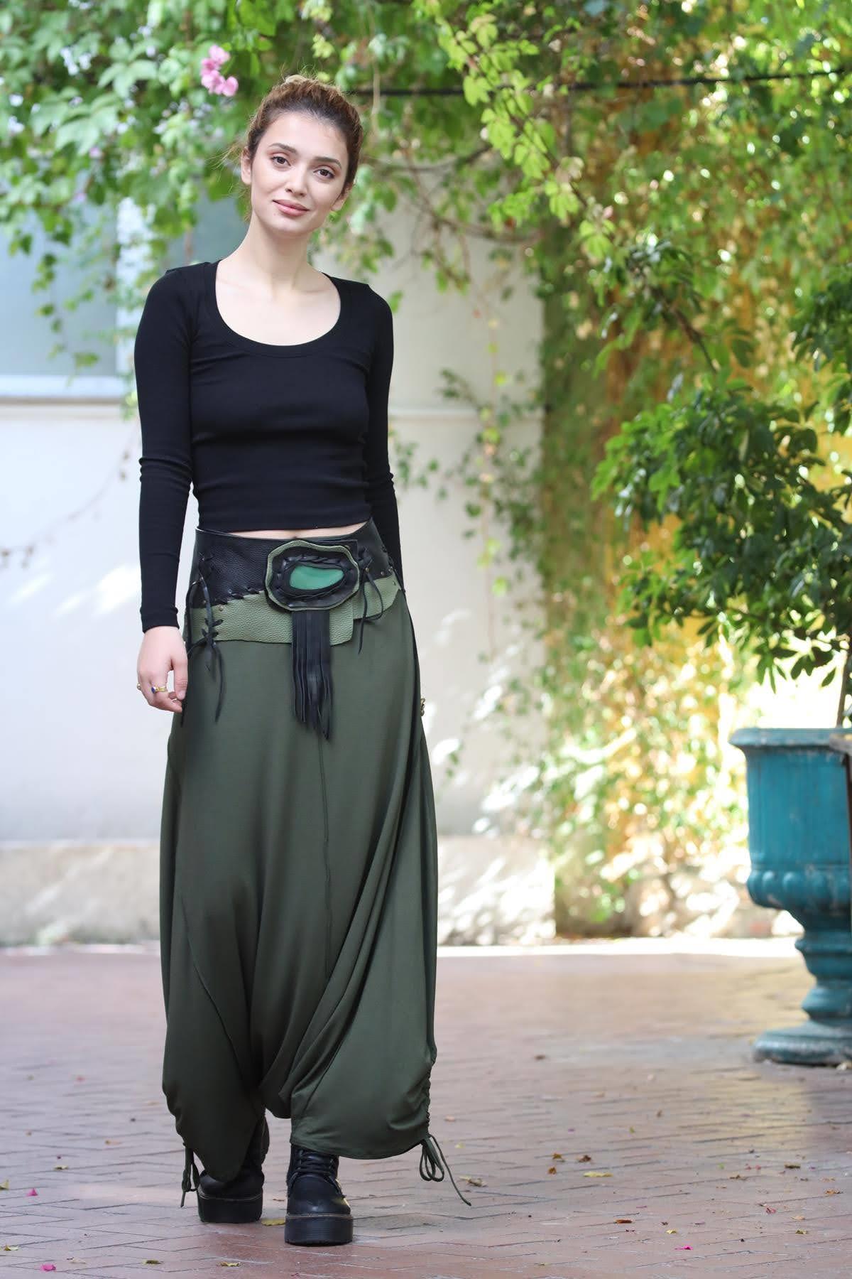 Haki Paçası İpli Dikiş Detay Şalvar