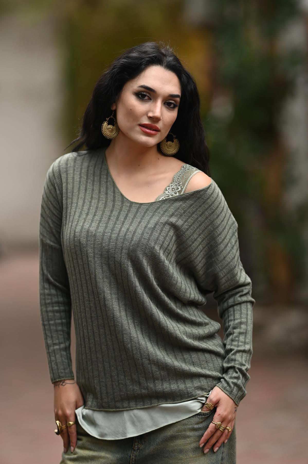 Haki V Yaka Fitilli Bluz