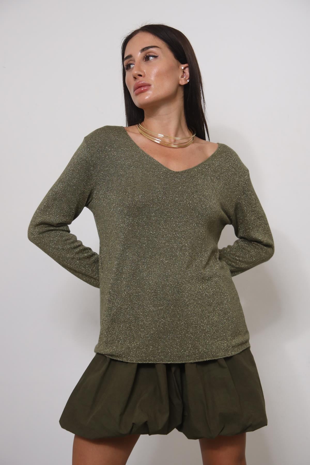 Haki V Yaka Simli Triko Bluz