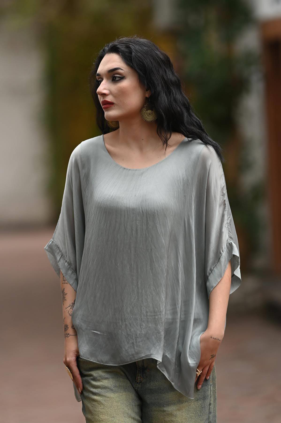 Haki Yarasa Kol İpek Bluz