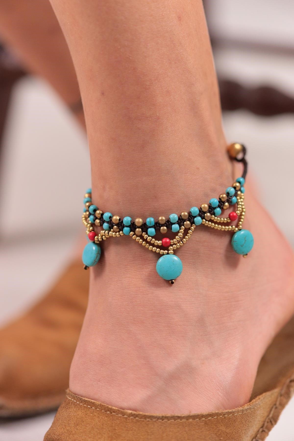 Bronz Turkuaz Taşı Sallantılı Tasarım Halhal - Şaman Butik Bronz Turkuaz Taşı Sallantılı Tasarım Halhal