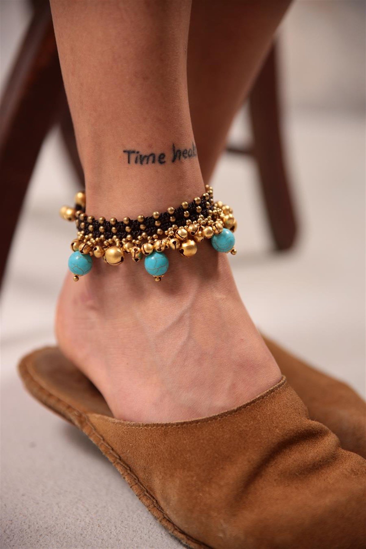  Bronz Ve Turkuaz Doğal Taşlı Sallantılı Tasarım Halhal