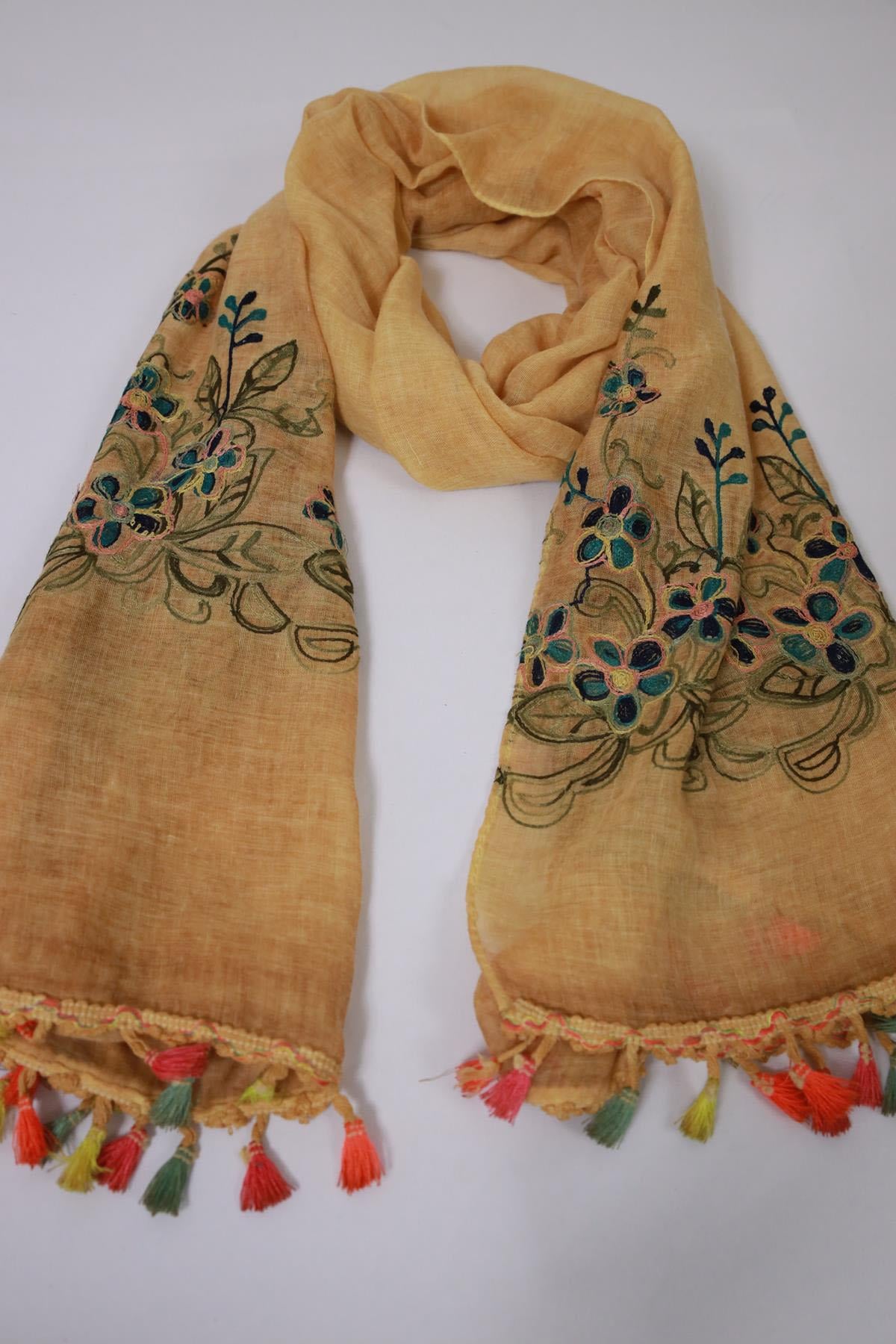 Hardal Rengi İşlemeli Püsküllü Şal