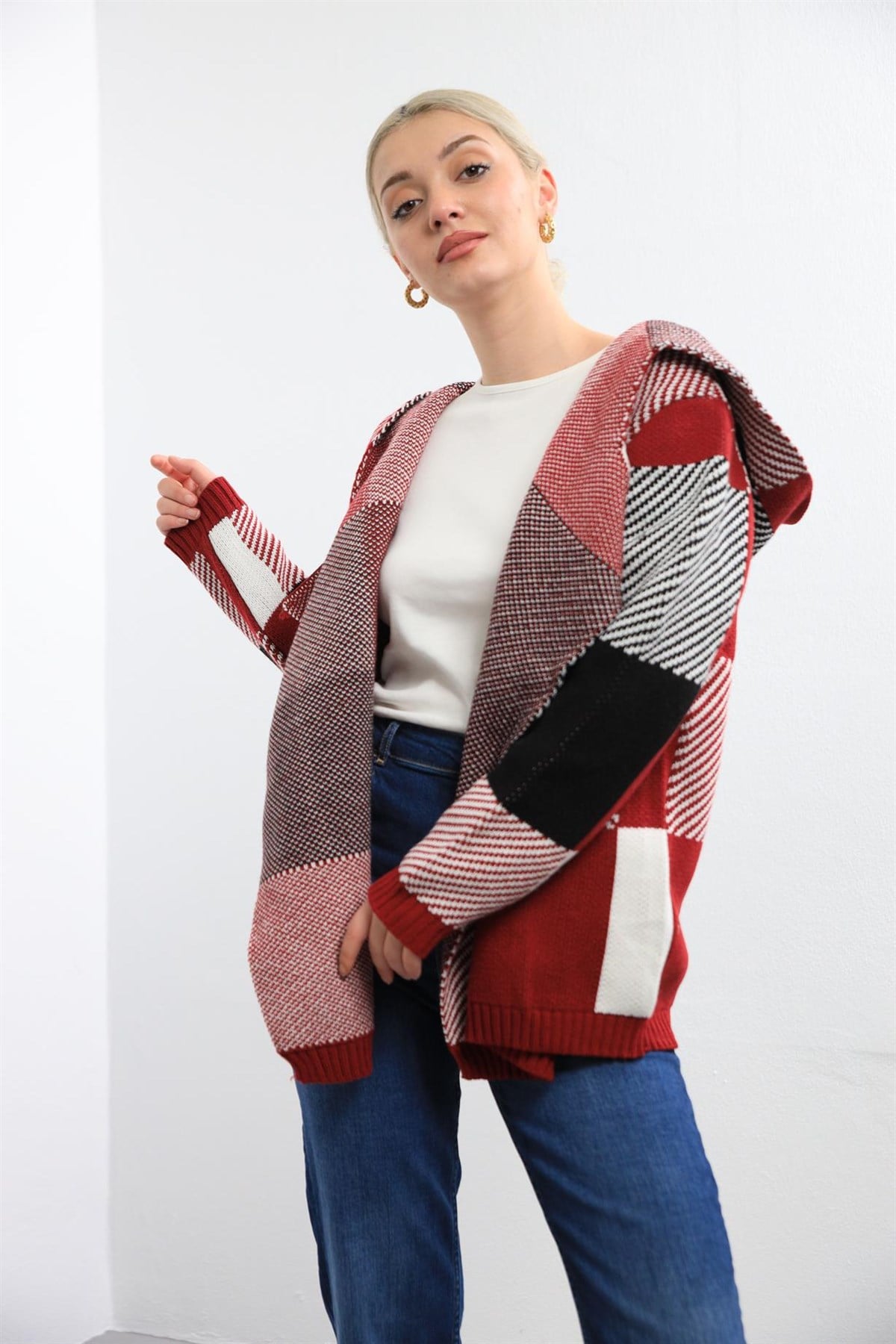Bordo Kapüşonlu Triko Hırka - Şaman Butik Bordo Kapüşonlu Triko Hırka