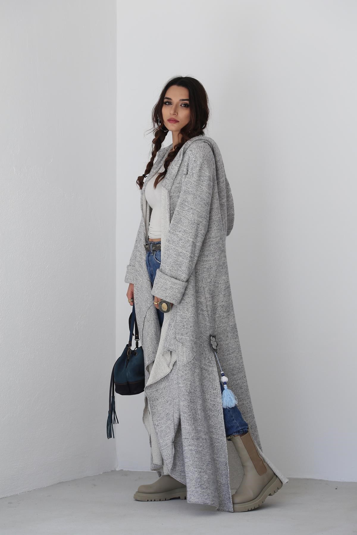 Ecru Large Hooded Plush Detailed Slit Long Cardigan Saman Butik Shop Online