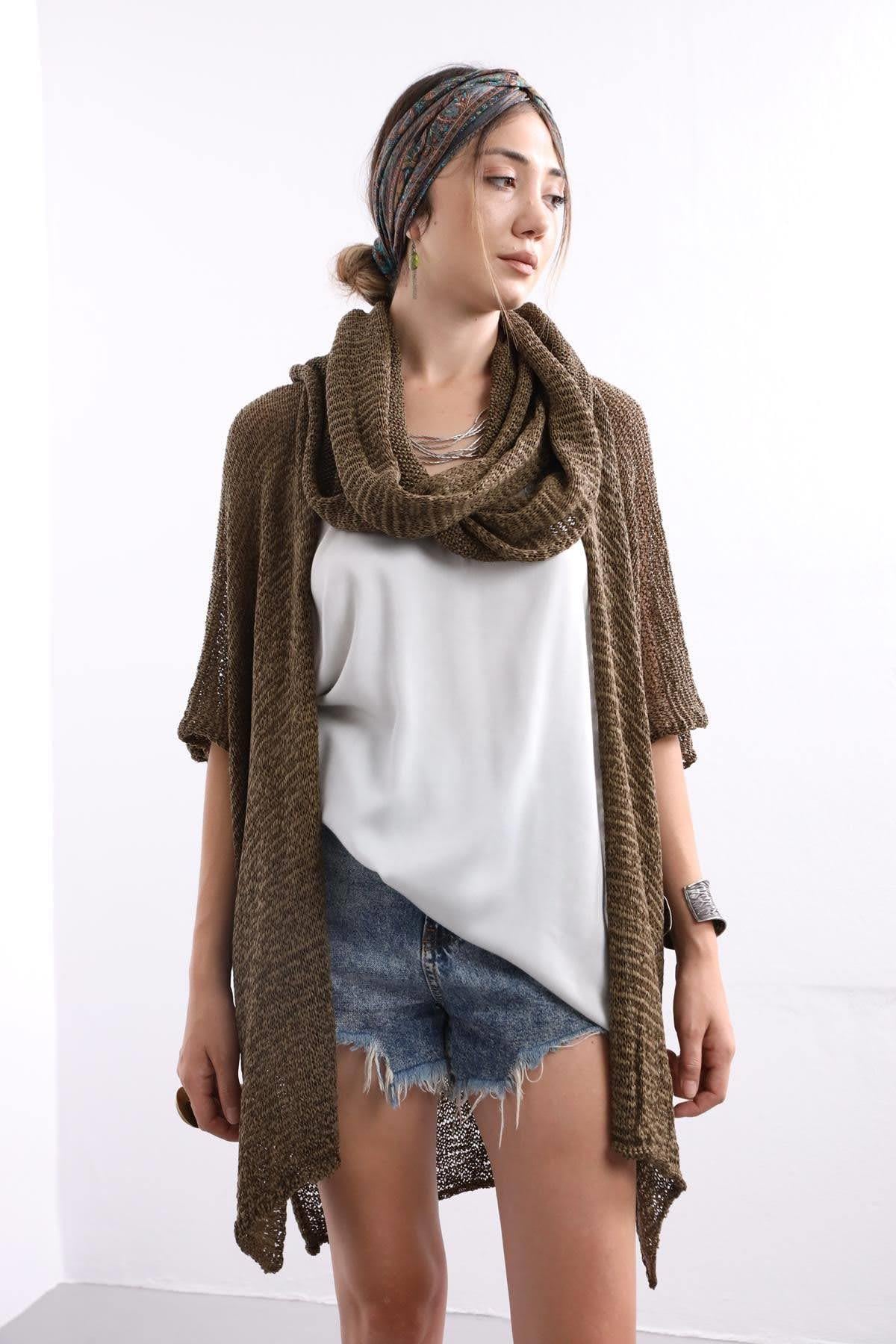 Saman Butik | Shop Online Khaki Shawl Collar Mercerized Cardigan